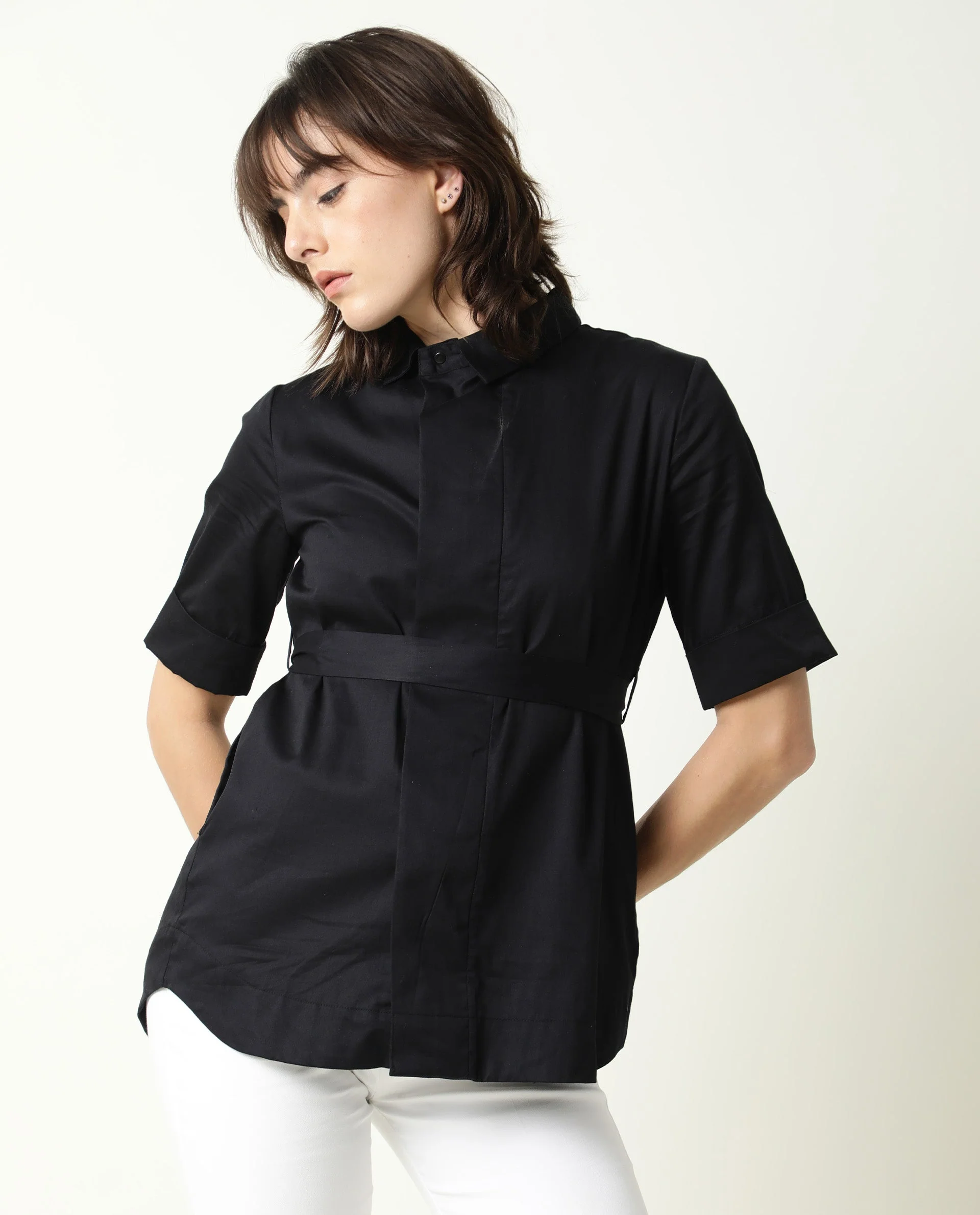 Rareism Women's Glitter Black Spread Collar Plain Knee Length Relaxed Fit Top