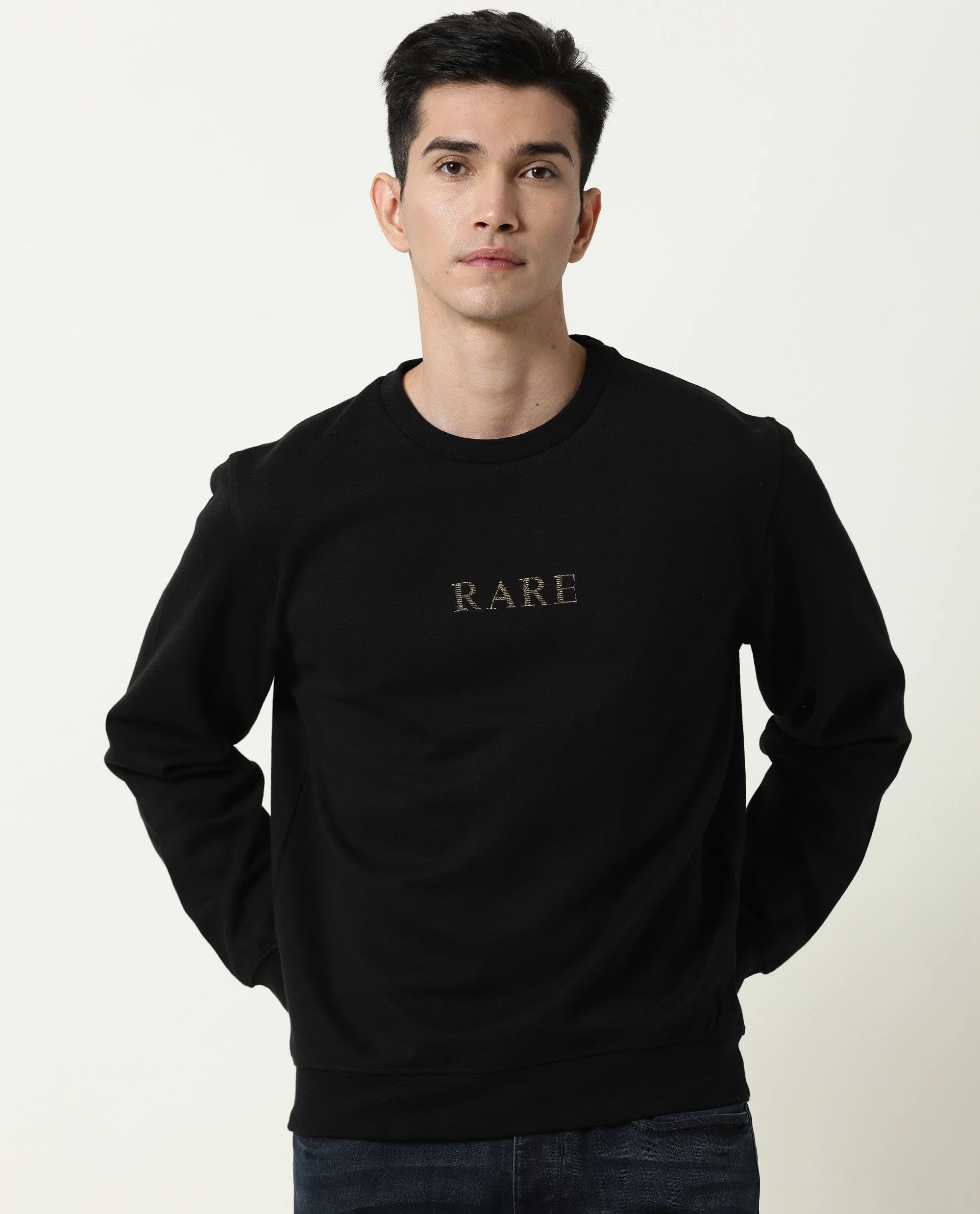 Rare Rabbit Men's Gold Black Plain Regular Fit Full Sleeve Crew Neck Sweatshirt