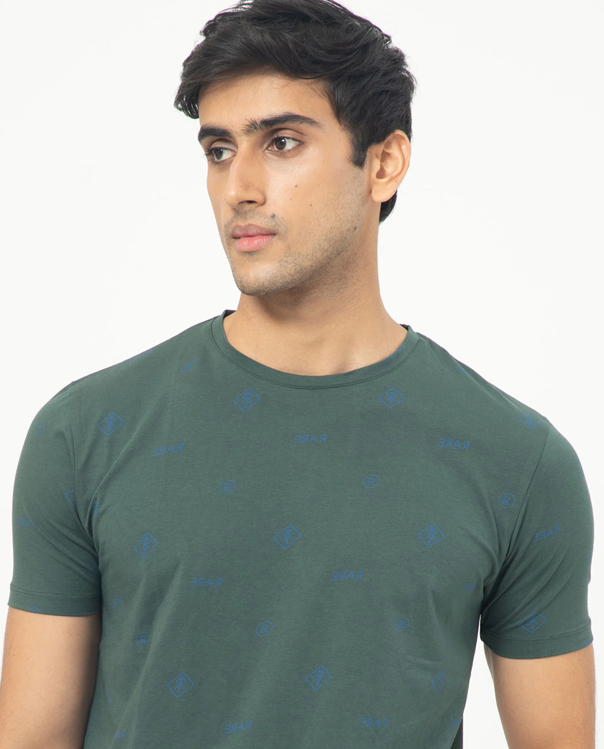 Rare Rabbit Men's Grammy Dark Green Cotton Monogram Print Slim Fit Half Sleeve Crew Neck T-Shirt