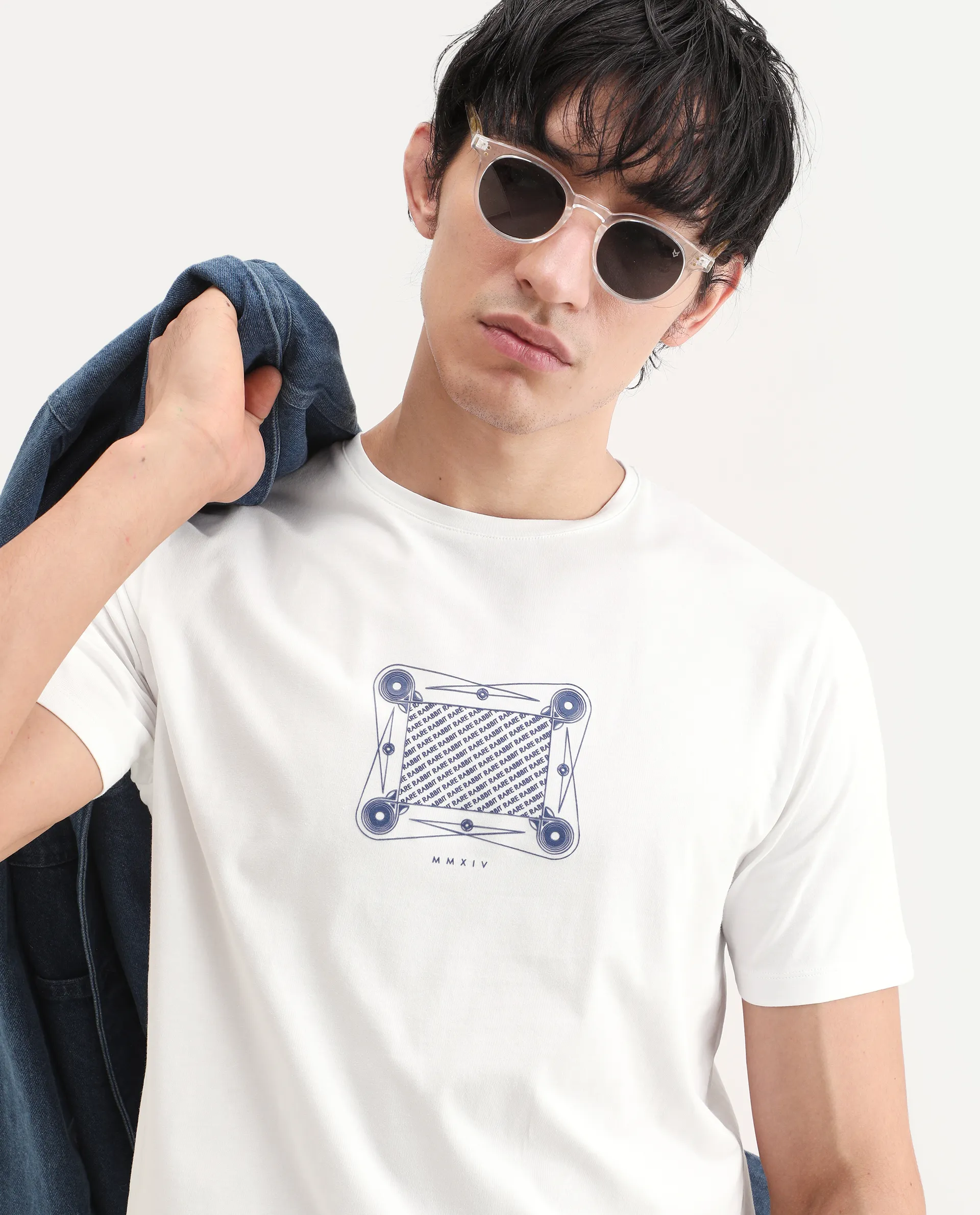 Rare Rabbit Men's Grap White Cotton Blend Fabric Half Sleeve Crew Neck Regular Fit Graphic Print T-Shirt