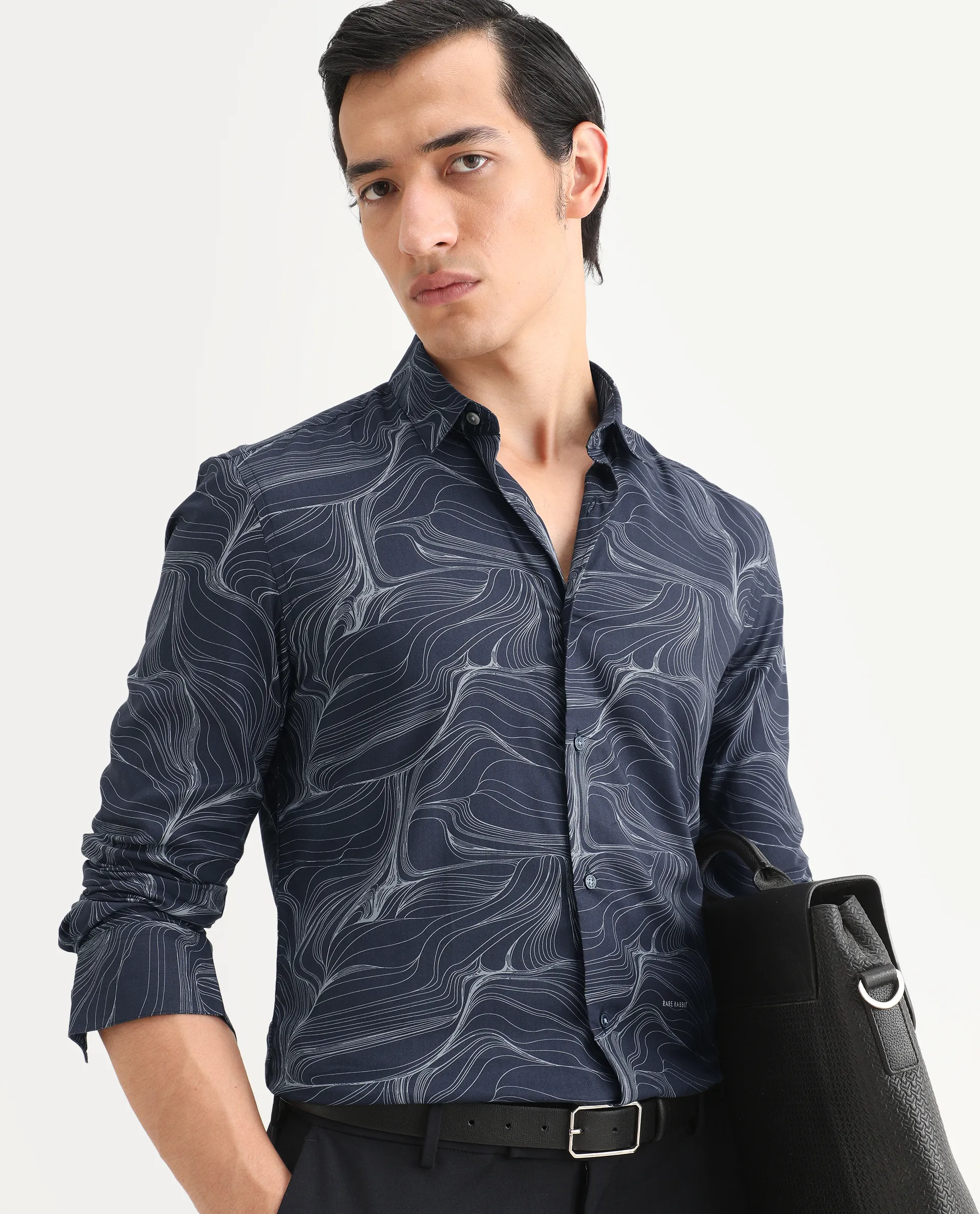 Rare Rabbit Men's Gravel Navy Viscose Abstract Print Regular Fit Full Sleeve Collared Shirt