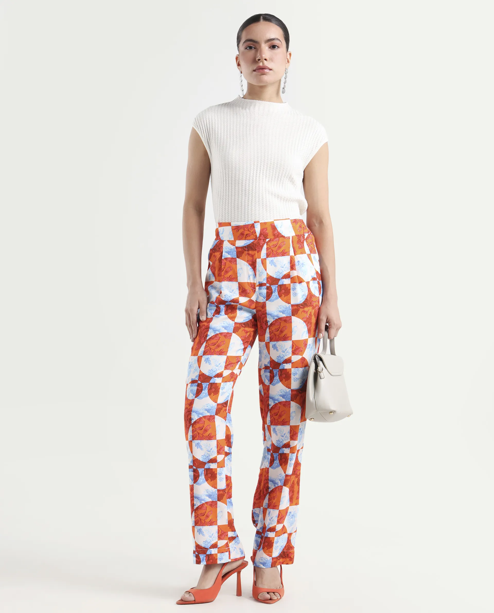 Rareism Women's Gray Orange Viscose Floral Print Ankle Length Regular Fit Trouser