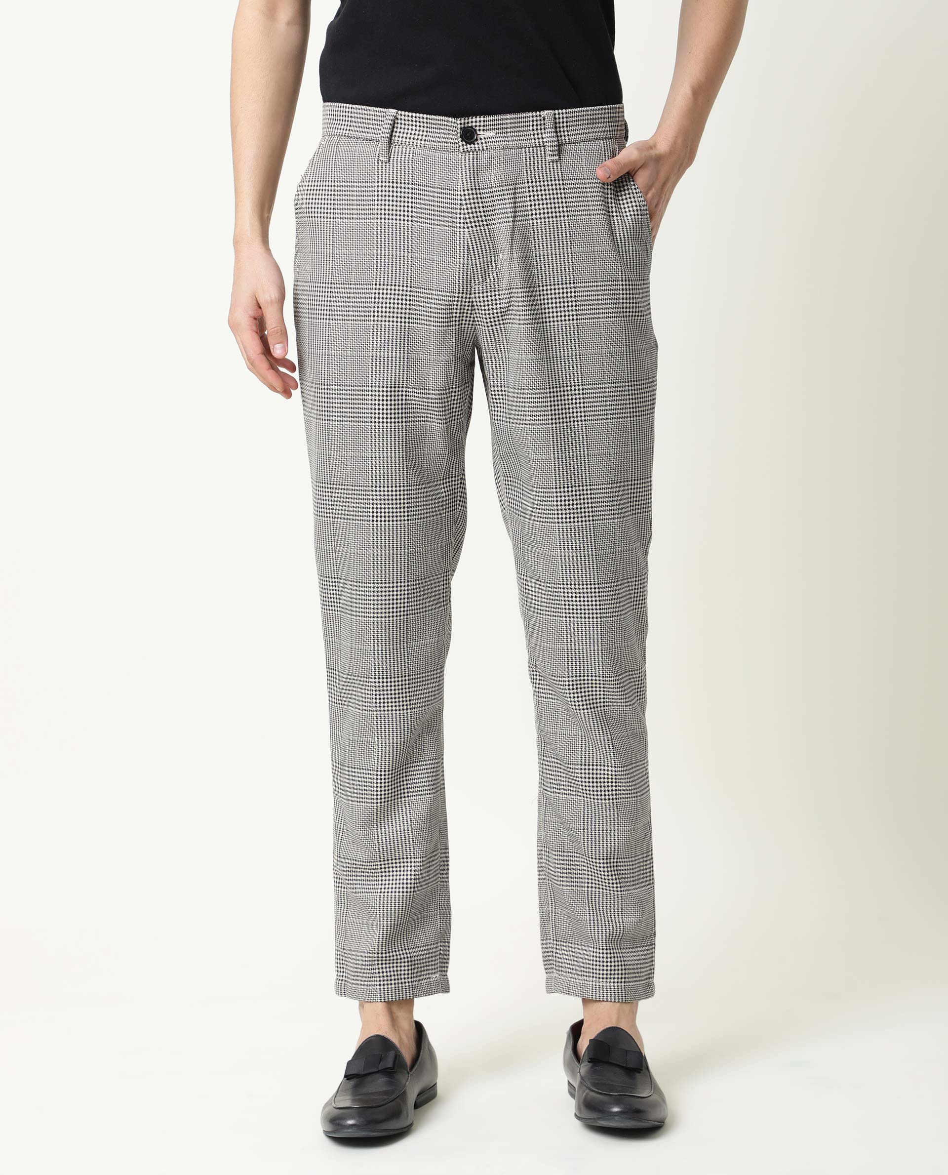Rare Rabbit Men's Grayson Black Viscose Checked Print Slim Fit Trouser