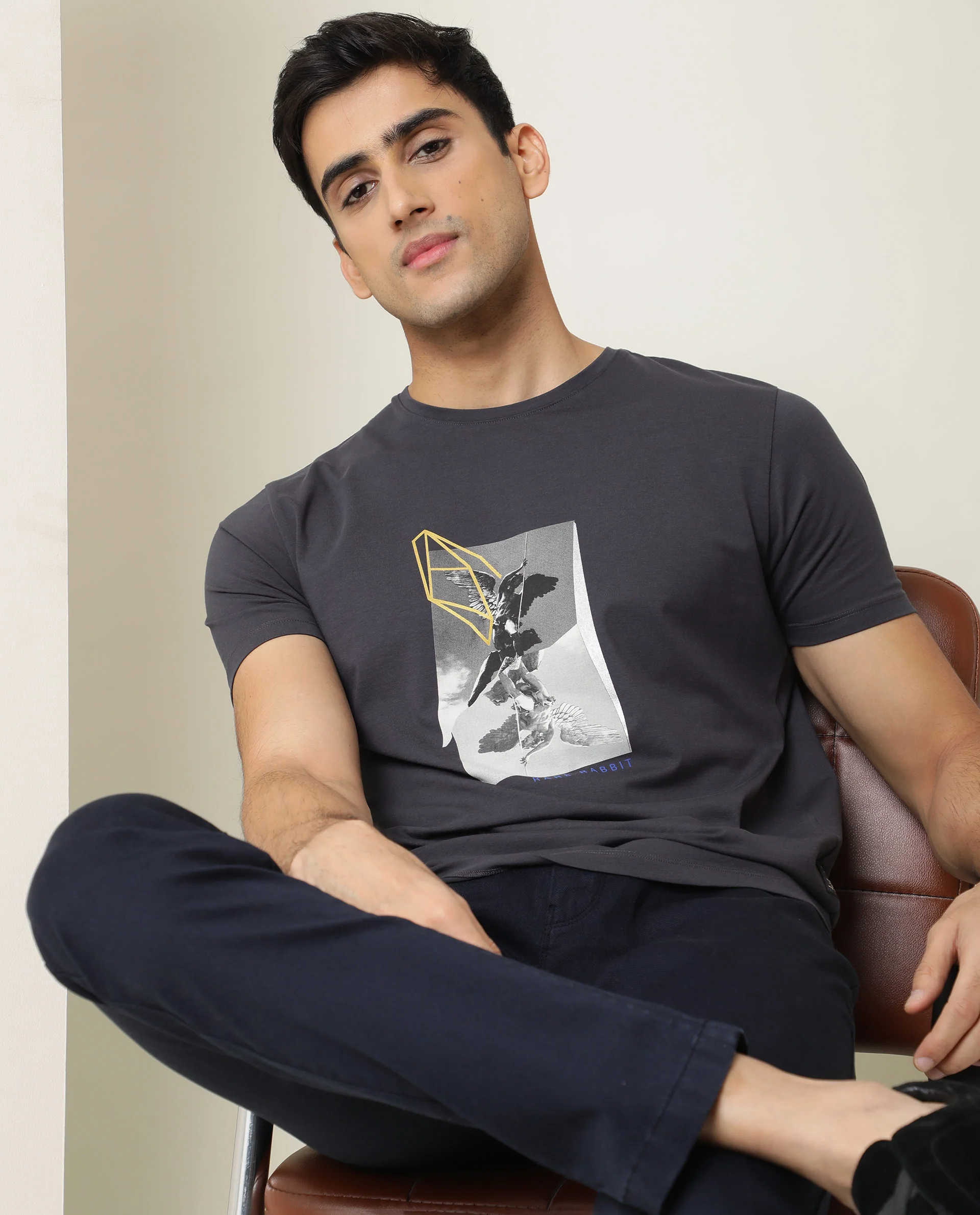 Rare Rabbit Men's Greek Dark Grey Cotton Graphic Print Slim Fit Half Sleeve Crew Neck T-Shirt