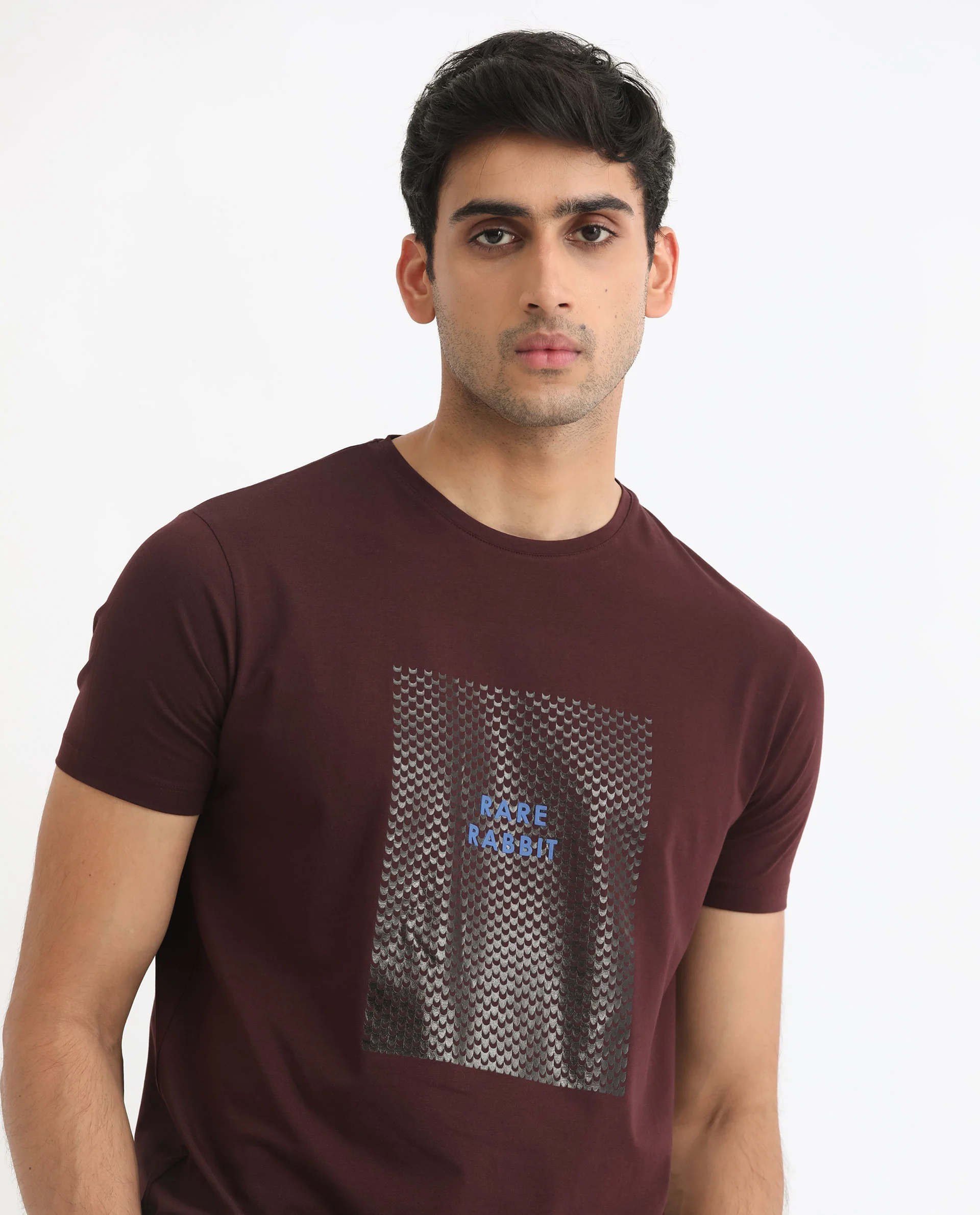 Rare Rabbit Men's Gregory Maroon Cotton Graphic Print Slim Fit Half Sleeve Crew Neck T-Shirt