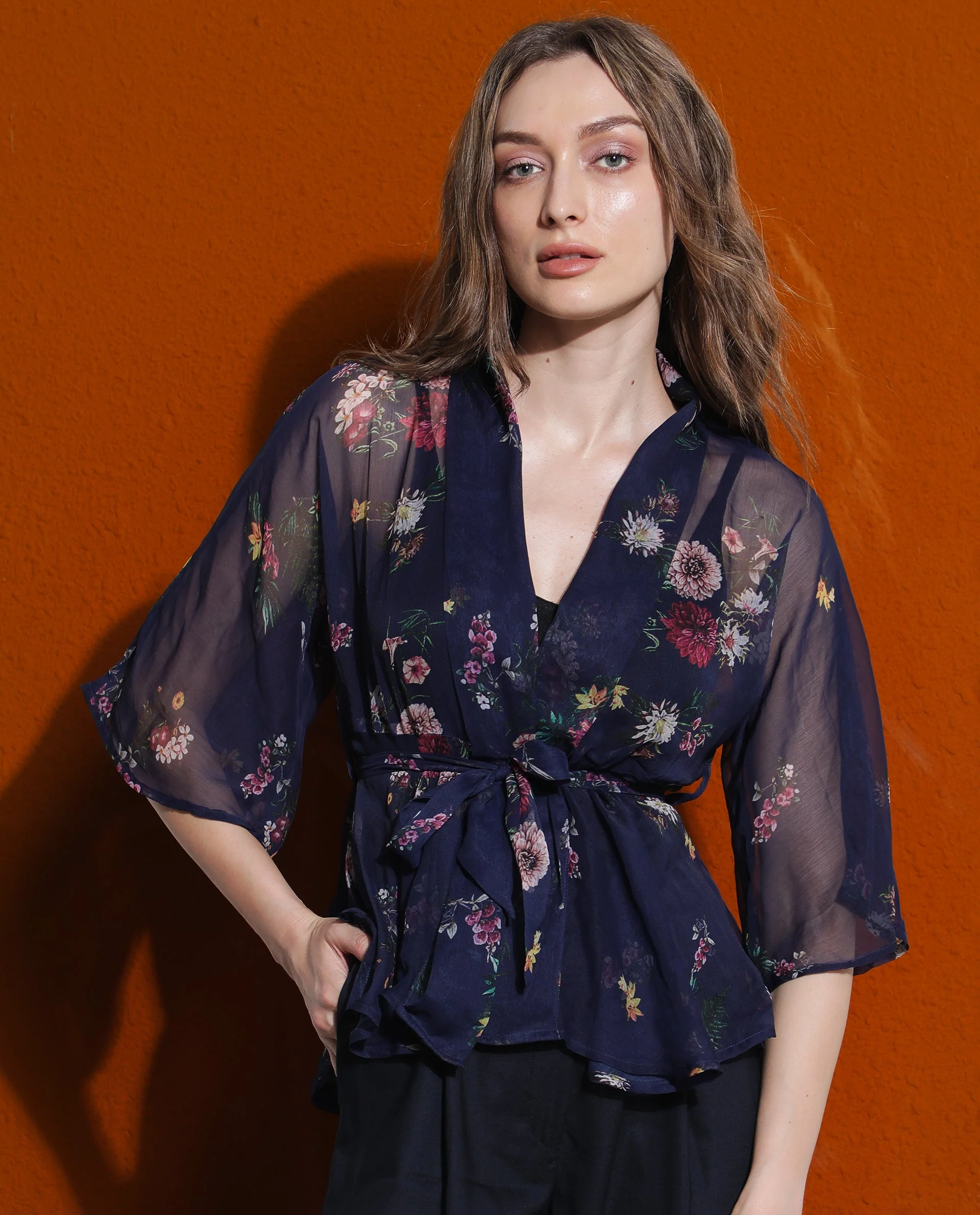 Rareism Women's Greta Blue Polyester Overlap Neck Floral Print Bell Sleeve Regular Fit Shrug
