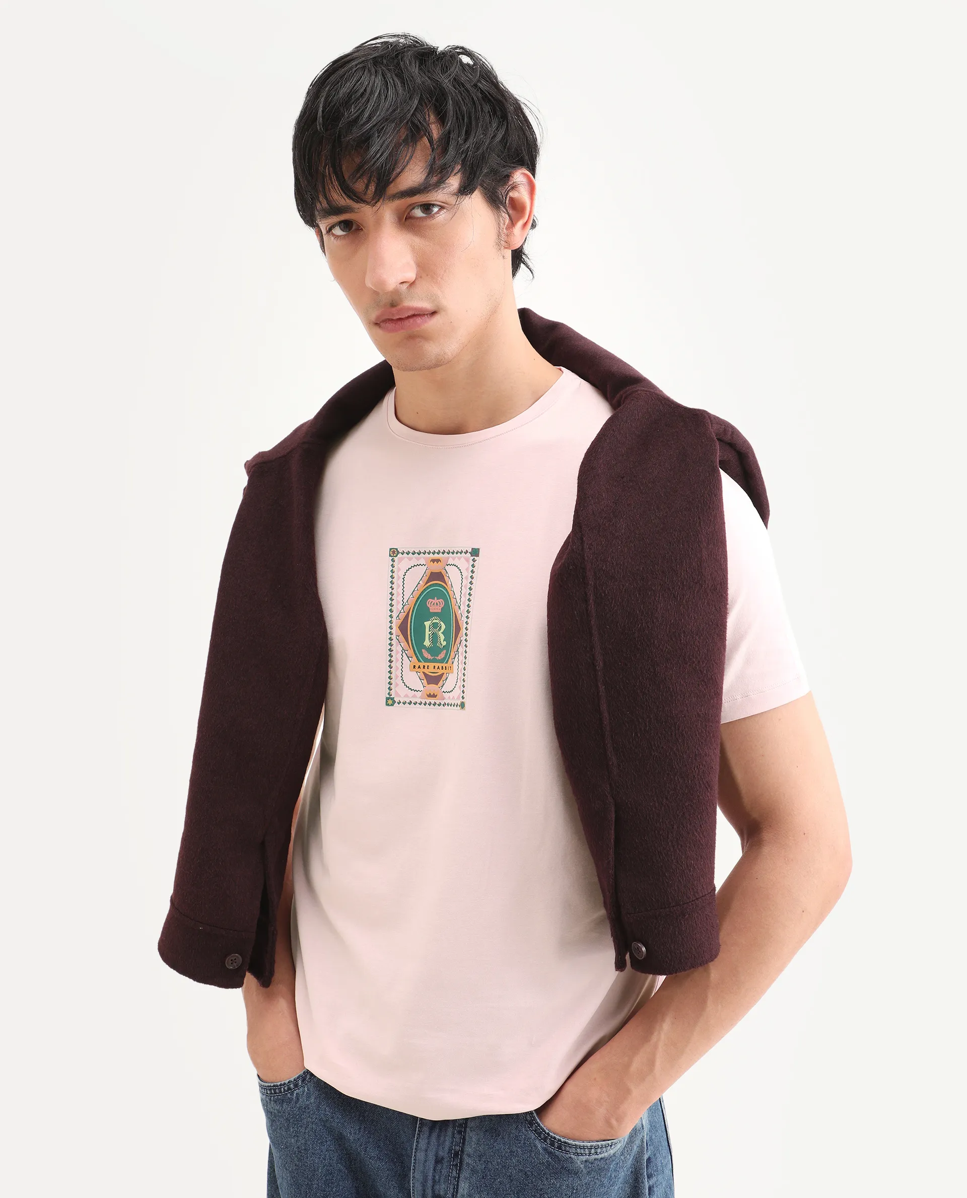 Rare Rabbit Men's Grit Light Pink Cotton Blend Fabric Half Sleeve Crew Neck Regular Fit Graphic Print T-Shirt