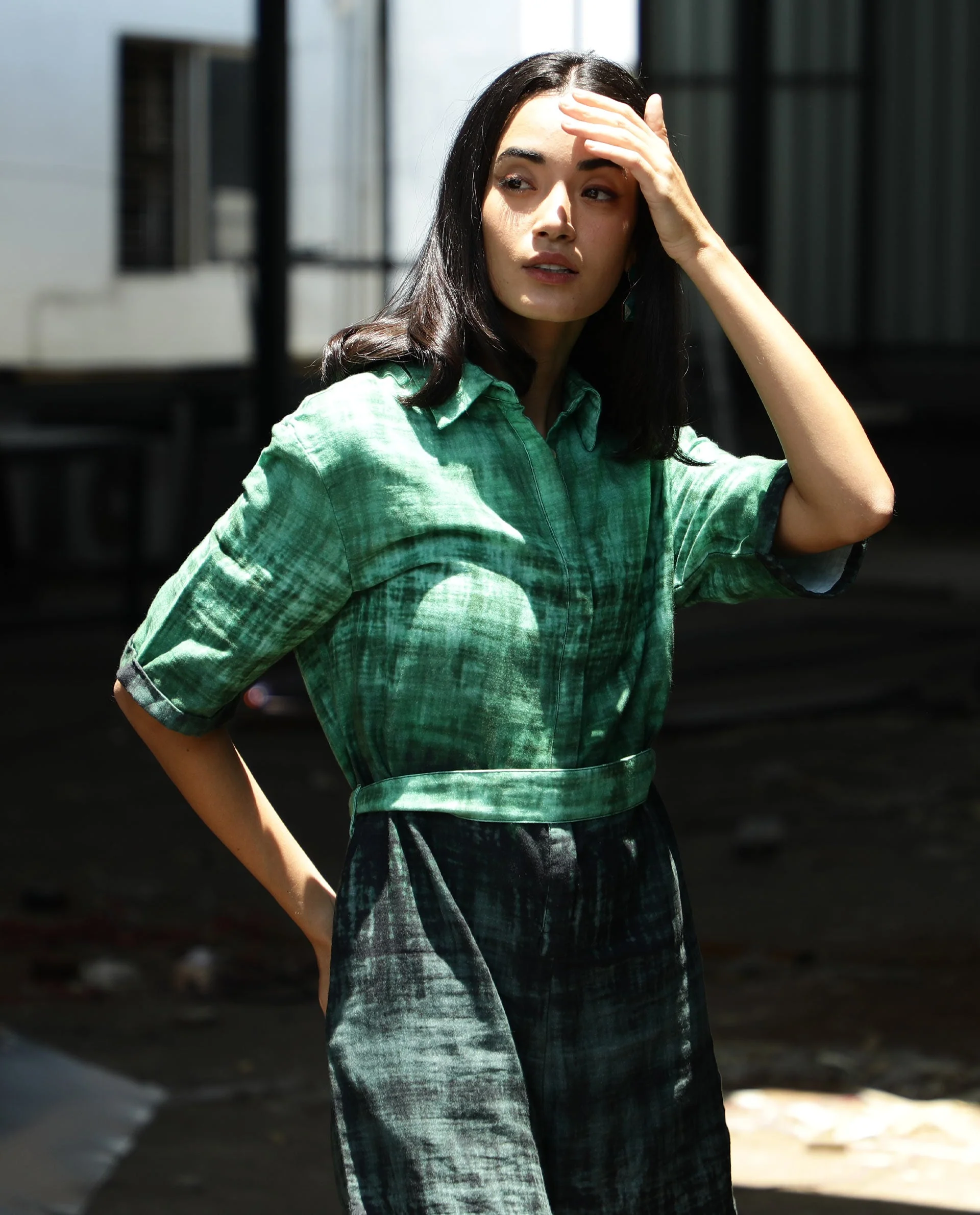 Rareism Womens Grizzle Green Top Cotton Fabric Regular Fit Half Sleeve Collared Neck
