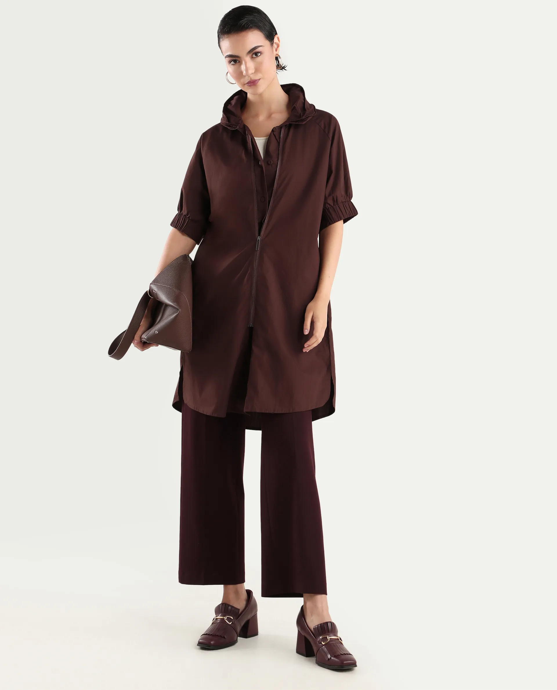 Rareism Women's Hanoi Dark Brown Cotton Hooded Plain Raglan Sleeve Knee Length Boxy Fit Jacket