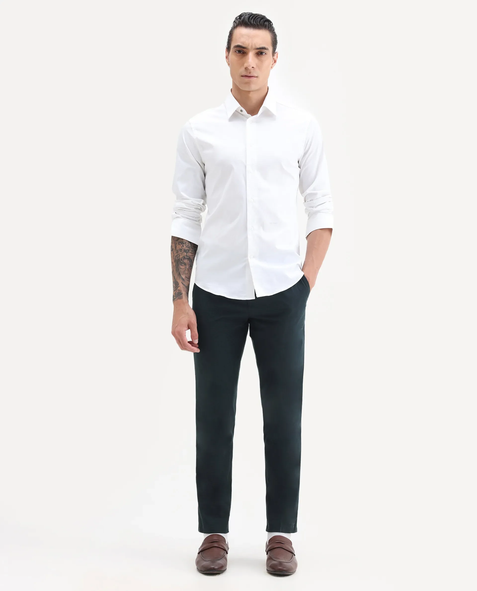 Rare Rabbit Men's Harlow Navy Cotton Plain Regular Fit Trouser