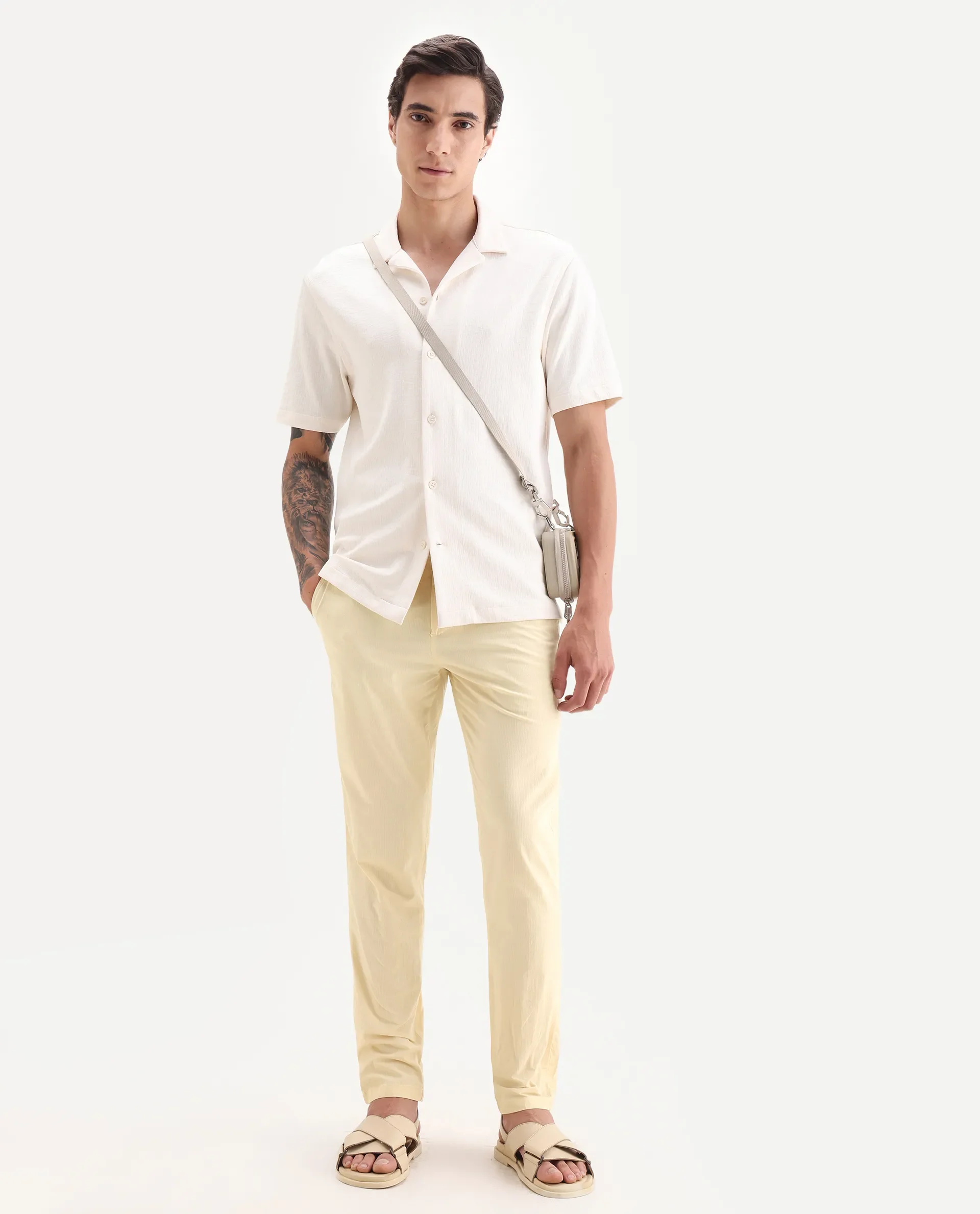 Rare Rabbit Men's Harlow Yellow Cotton Plain Regular Fit Trouser