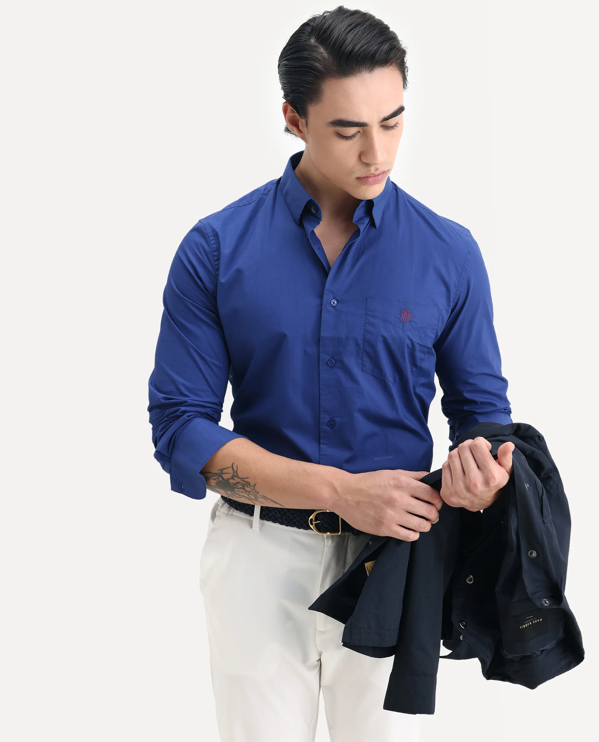 Rare Rabbit Men's Harmin Pastel Dark Blue Cotton Embroidered Regular Fit Full Sleeve Collared Shirt