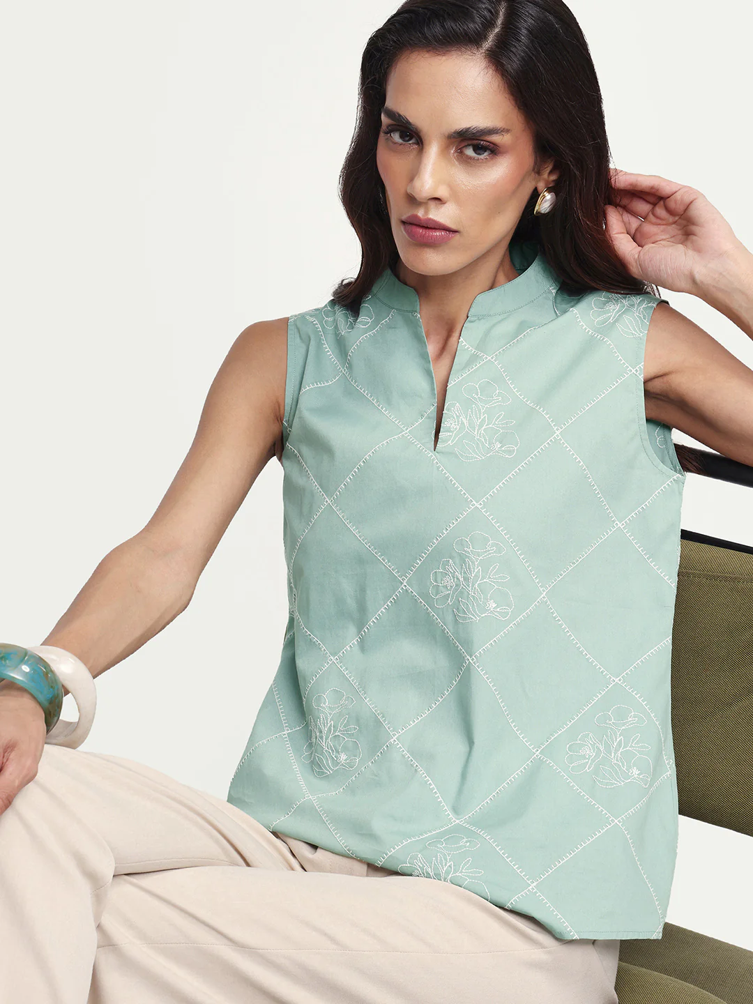 Rareism Women's Hax Dusky Green Cotton Sleeveless Band Collar Pull-On Regular Plain Top