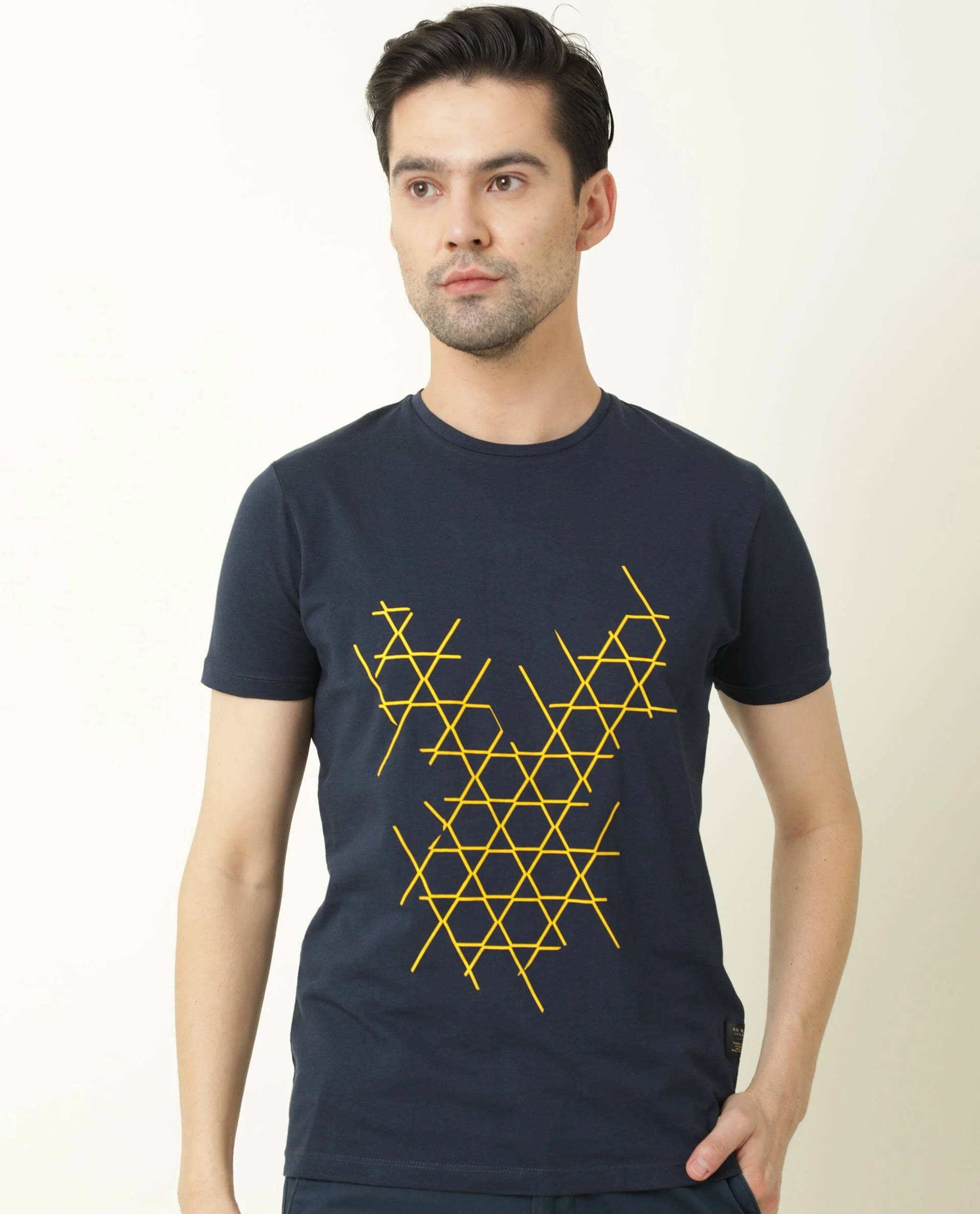 Rare Rabbit Men's Hegon Navy Cotton Graphic Print Slim Fit Half Sleeve Crew Neck T-Shirt