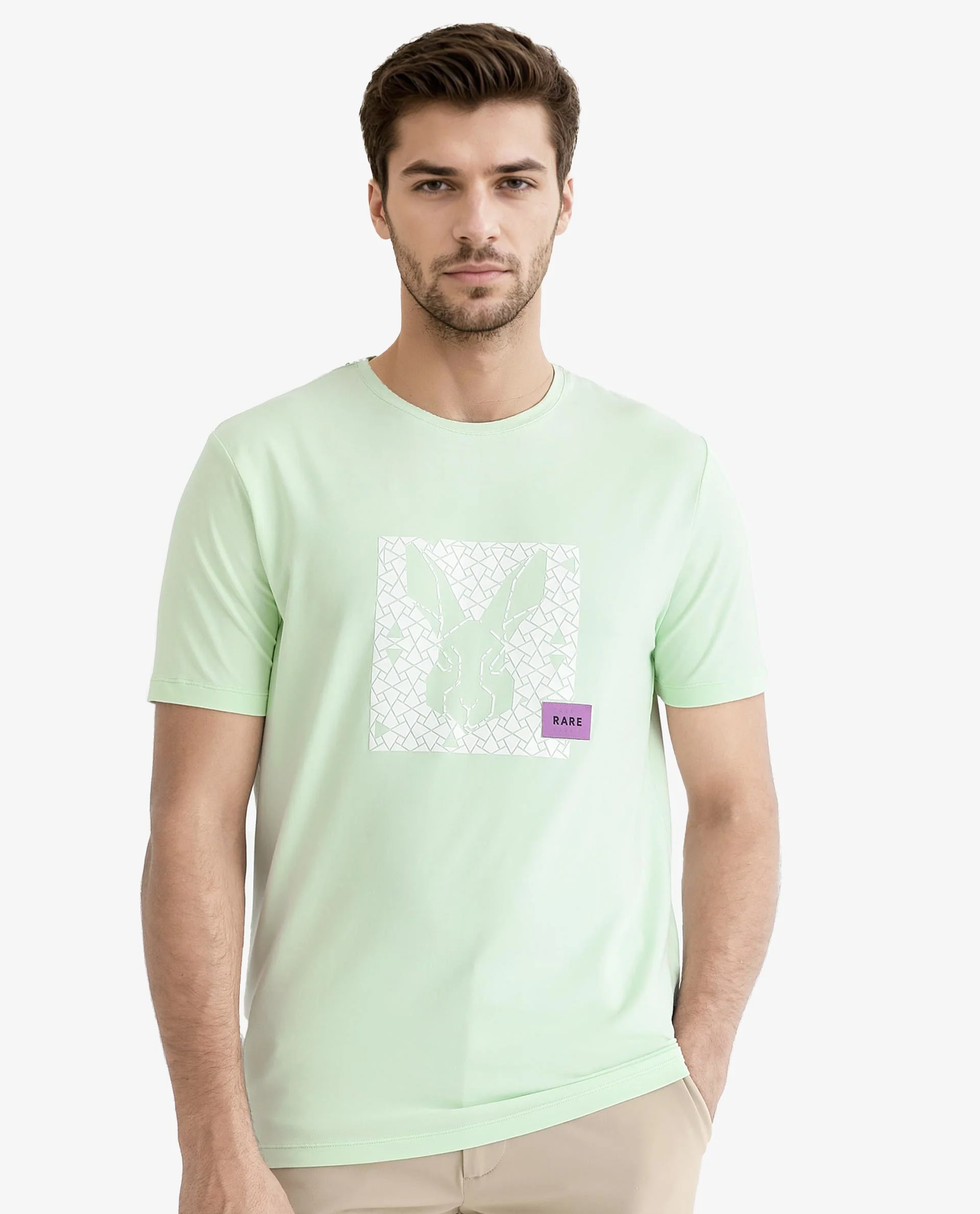 Rare Rabbit Men's Herald Light Green Cotton Graphic Print Slim Fit Half Sleeve Crew Neck T-Shirt