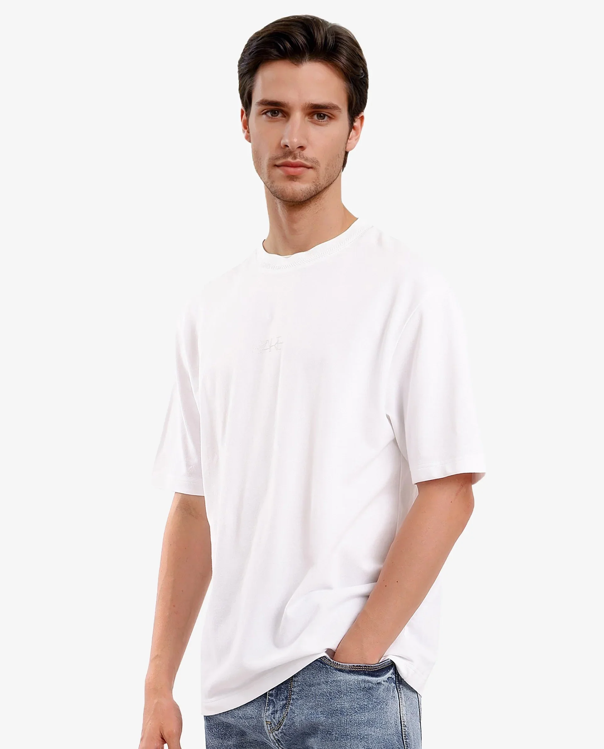 Rare Rabbit Men's Heros-1 White Cotton Blend Plain Oversized Fit Half Sleeve Crew Neck T-Shirt