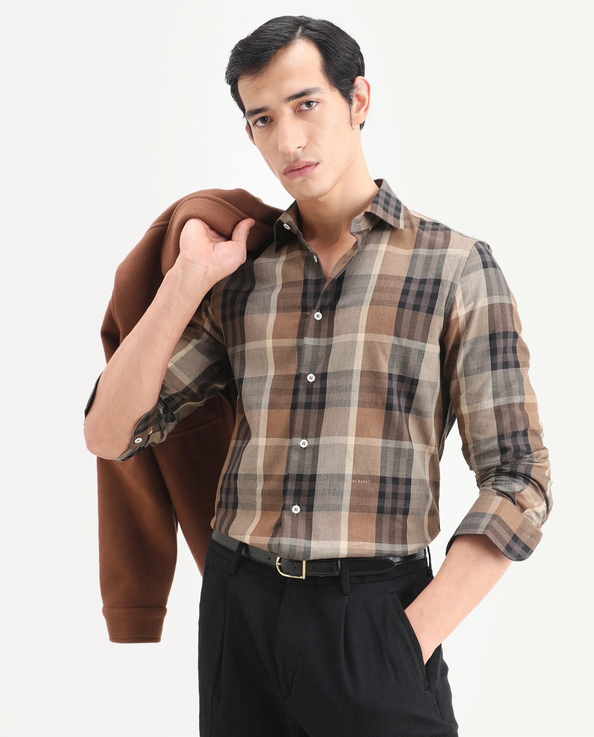 Rare Rabbit Men's Herti Brown Cotton Fabric Full Sleeve Spread Collar Regular Fit Checked Shirt