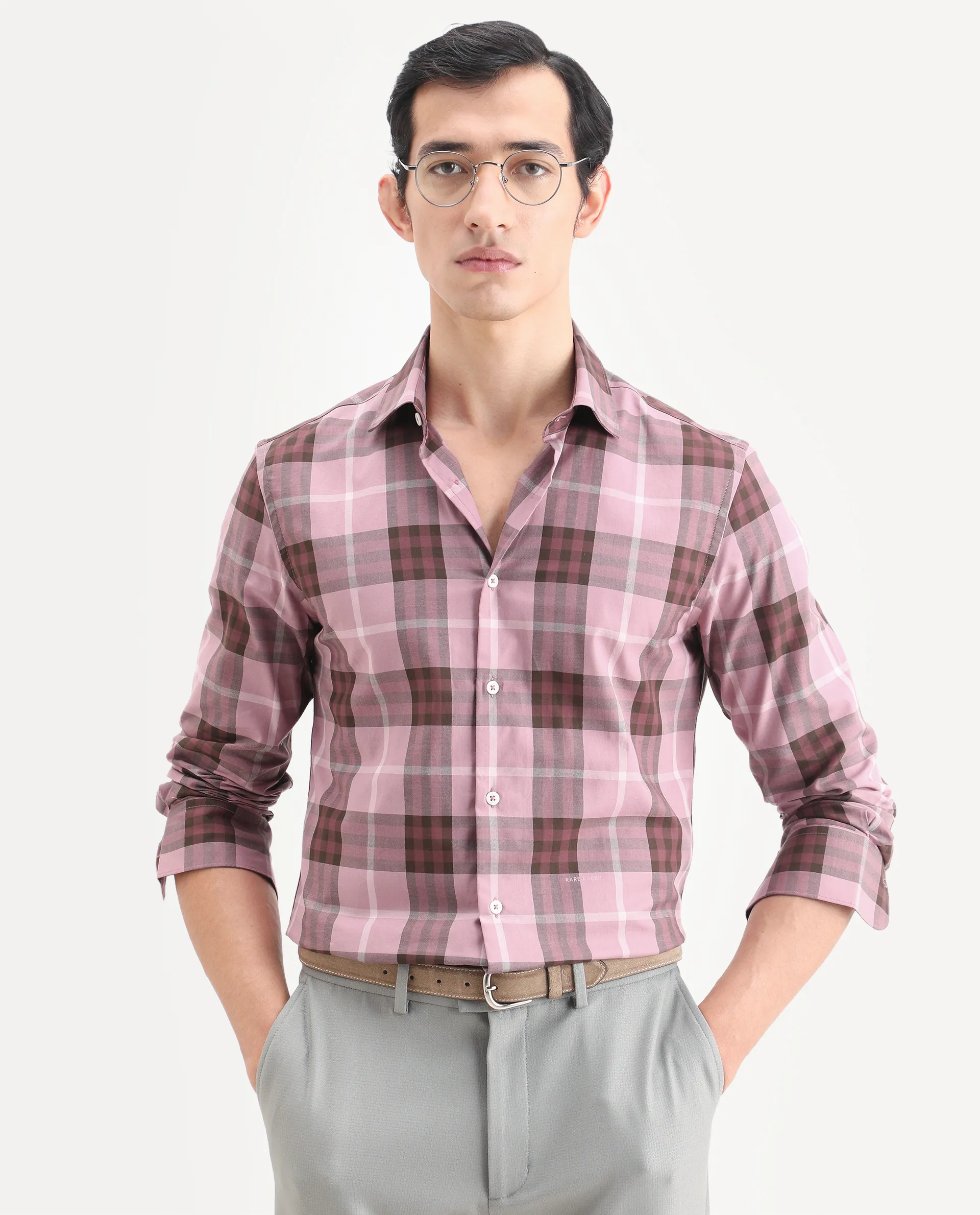 Rare Rabbit Men's Herti Pink Cotton Fabric Full Sleeve Spread Collar Regular Fit Checked Shirt