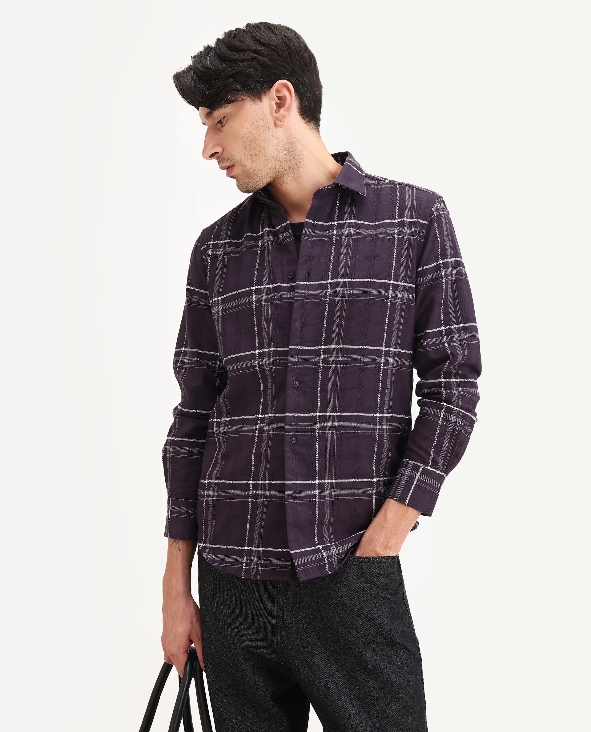 Rare Rabbit Men's Hitra Purple Cotton Blend Fabric Full Sleeve Spread Collar Regular Fit Checks Shirt