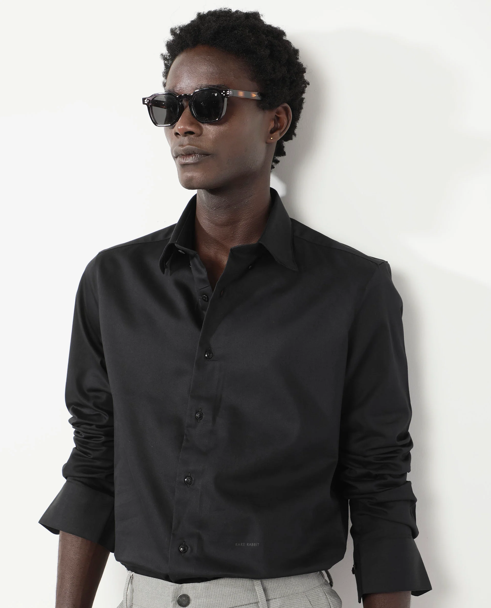 Rare Rabbit Men's Holand Black Satin Plain Regular Fit Full Sleeve Collared Shirt