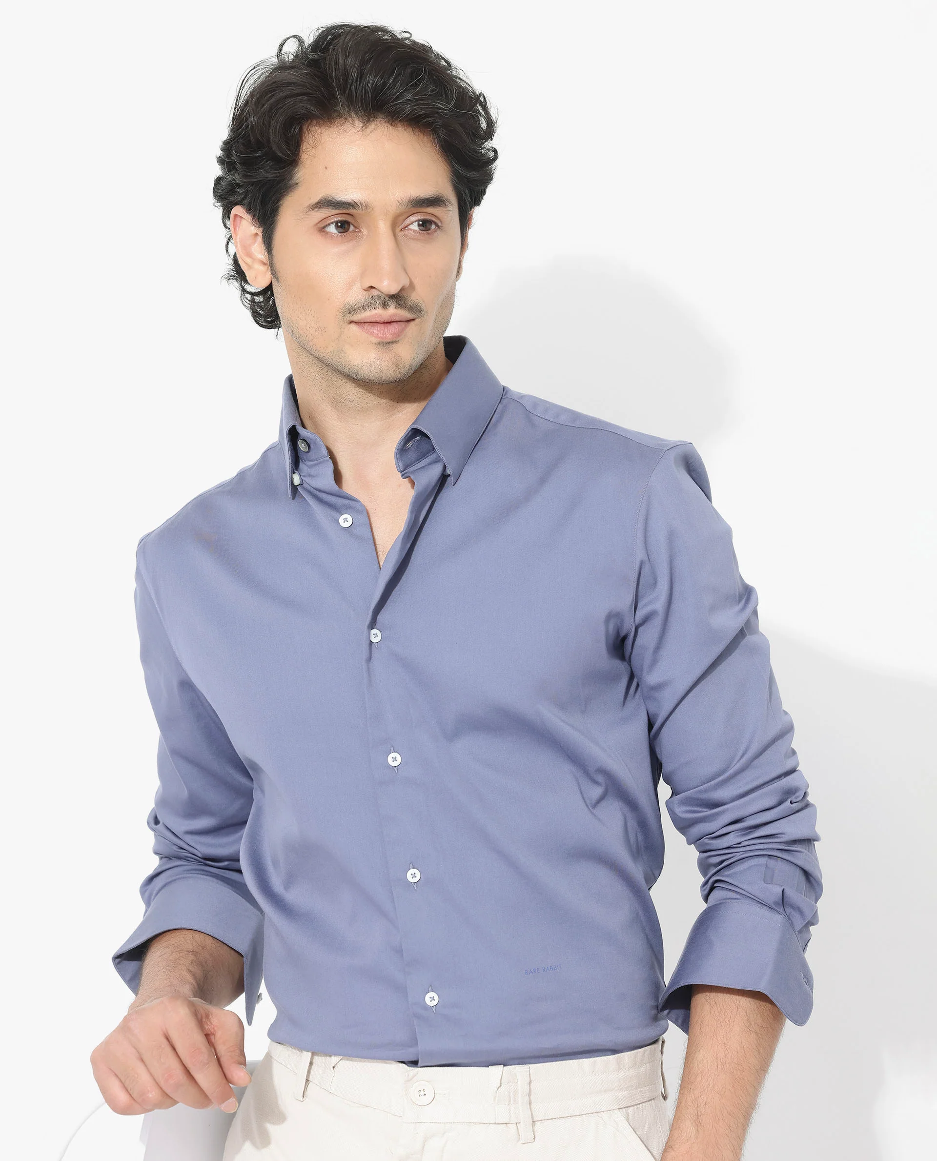 Rare Rabbit Men's Holand Dusky Purple Satin Plain Regular Fit Full Sleeve Collared Shirt