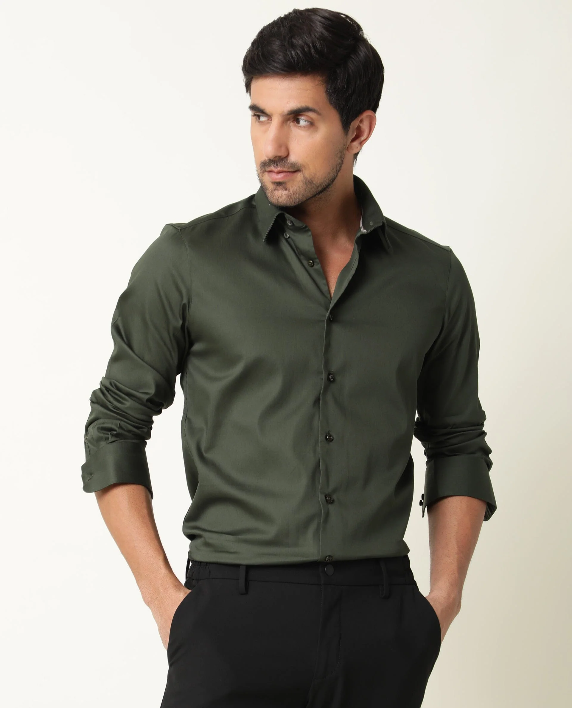 Rare Rabbit Men's Holand Olive Satin Plain Regular Fit Full Sleeve Button-Down Collar Shirt