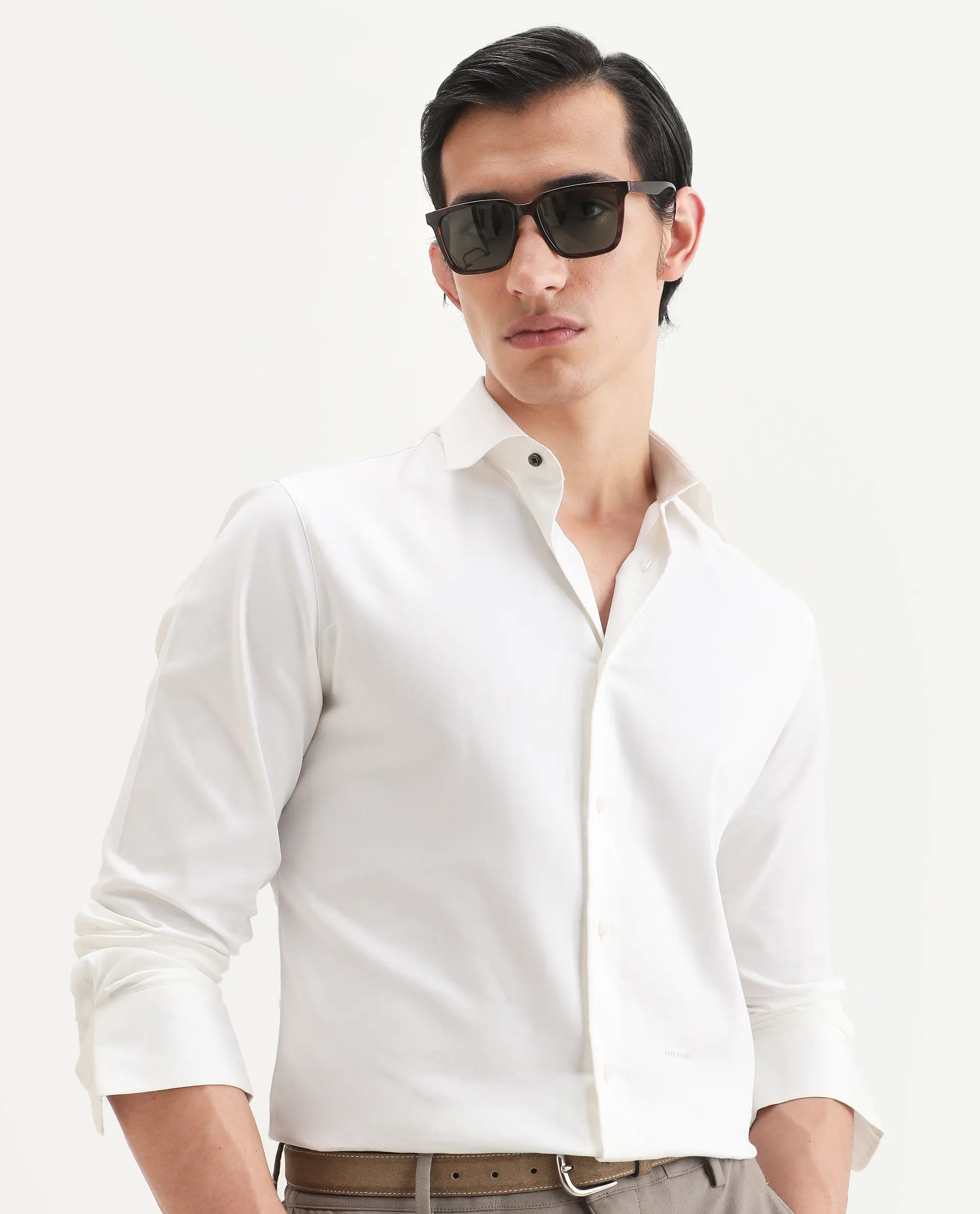 Rare Rabbit Men's Holla-Ss26 White Cotton Blend Fabric Full Sleeve Spread Collar Regular Fit Plain Shirt
