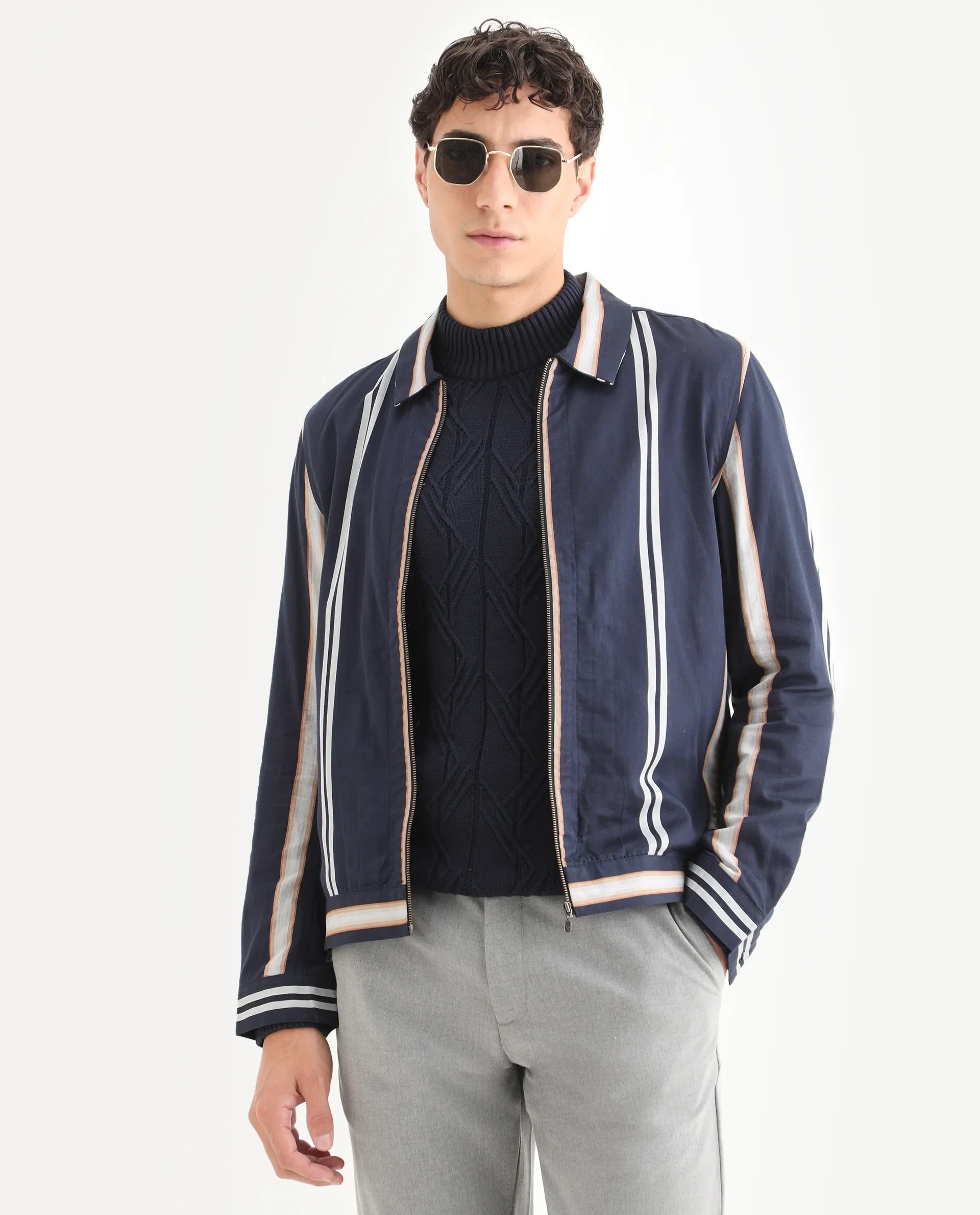 Rare Rabbit Men's Hono Navy Cotton Striped Print Regular Fit Full Sleeve Spread Collar Jacket