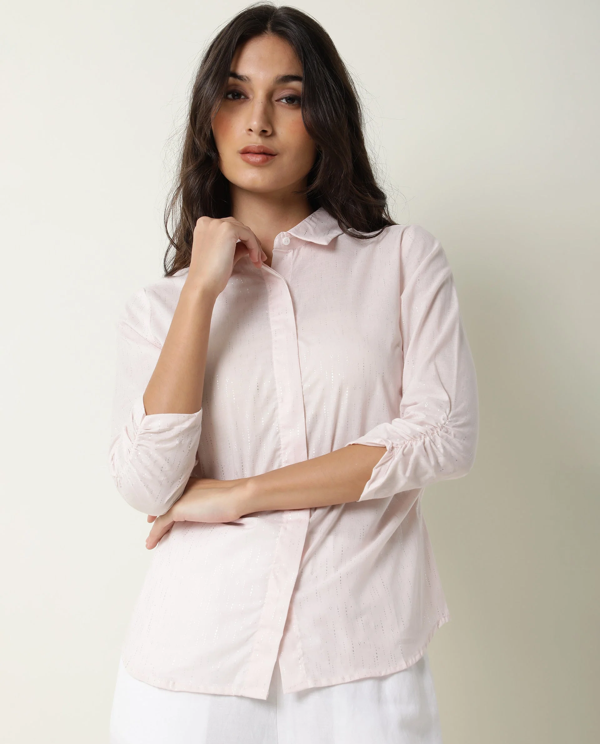 Rareism Women's Humpty Pink Spread Collar Plain Knee Length Regular Fit Top