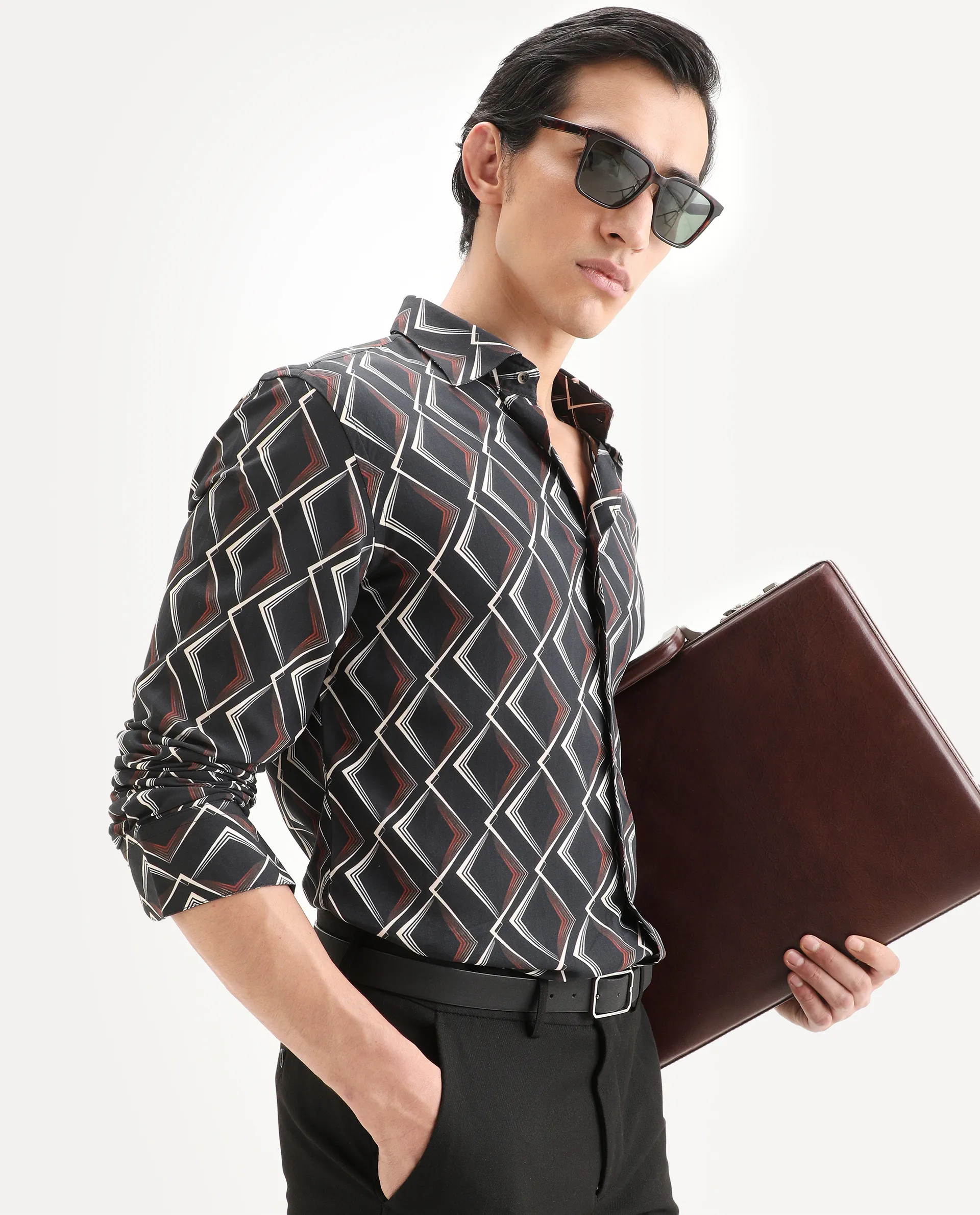 Rare Rabbit Men's Hurn Black Viscose Fabric Full Sleeve Spread Collar Regular Fit Geometric Print Shirt