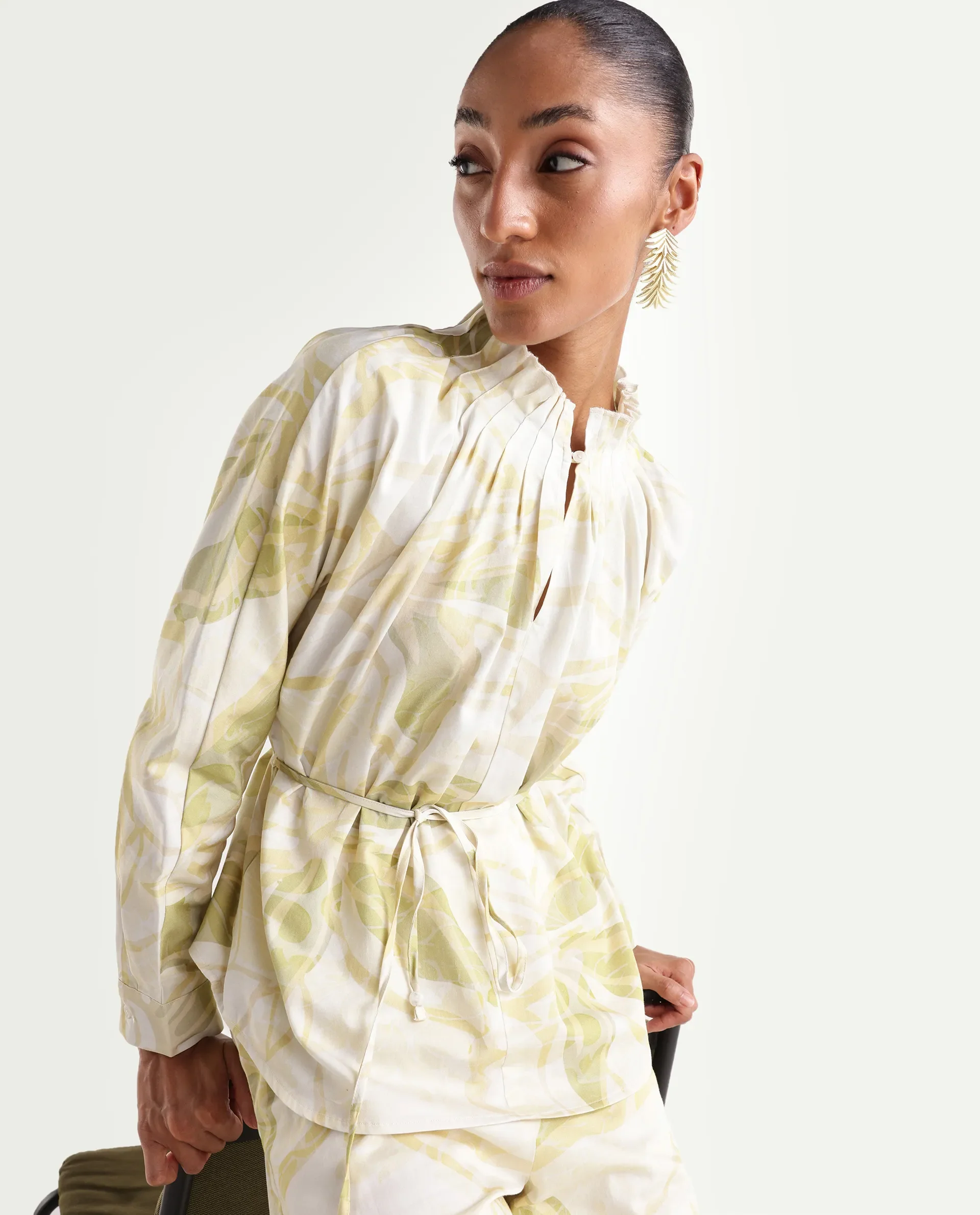 Rareism Women's Hyce-T Light Green Cotton Full Sleeve Pleated Neck Relaxed Fit Abstract Print Top