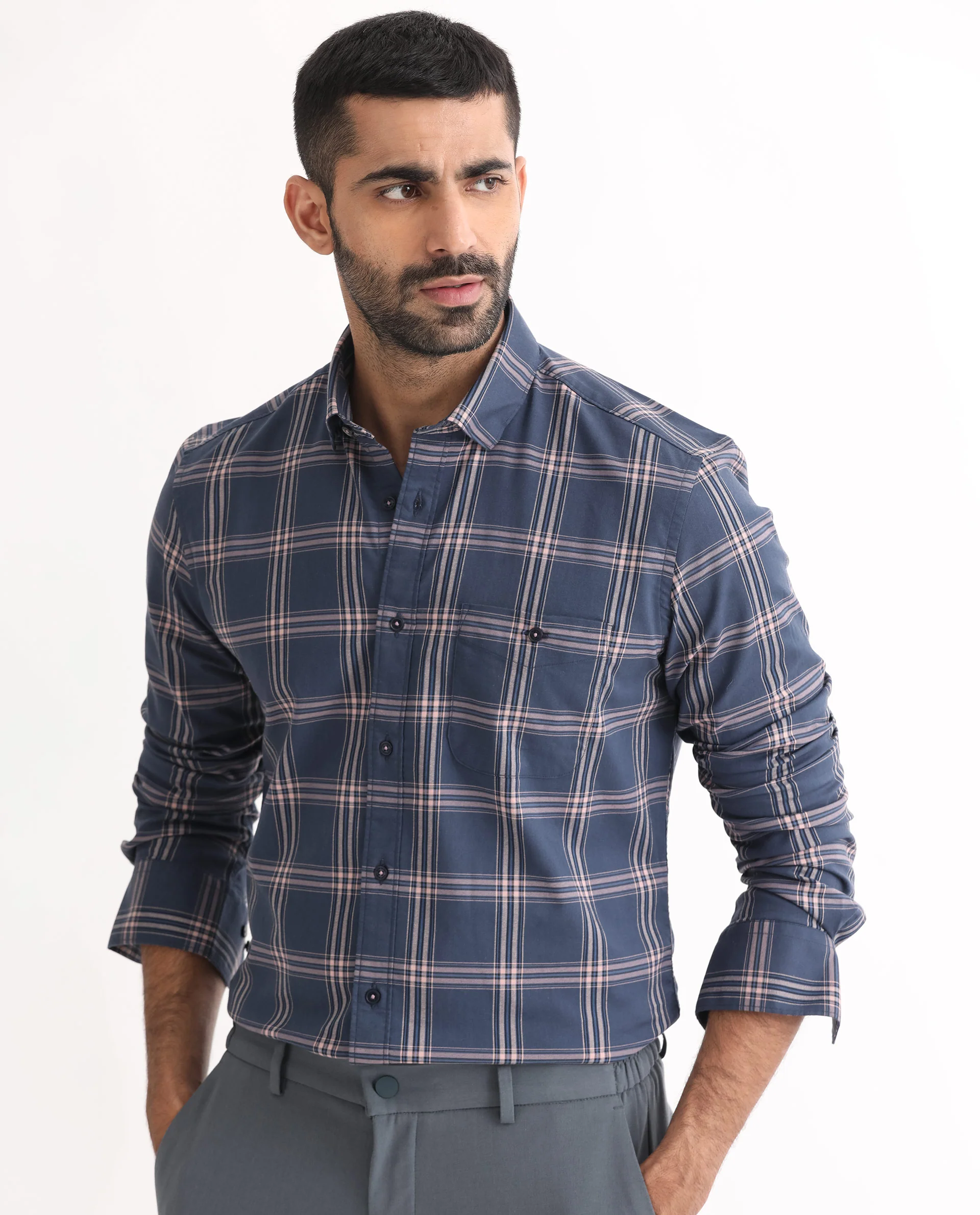 Rare Rabbit Men's Imperial Blue Cotton Checked Print Regular Fit Full Sleeve Collared Shirt - Image 3