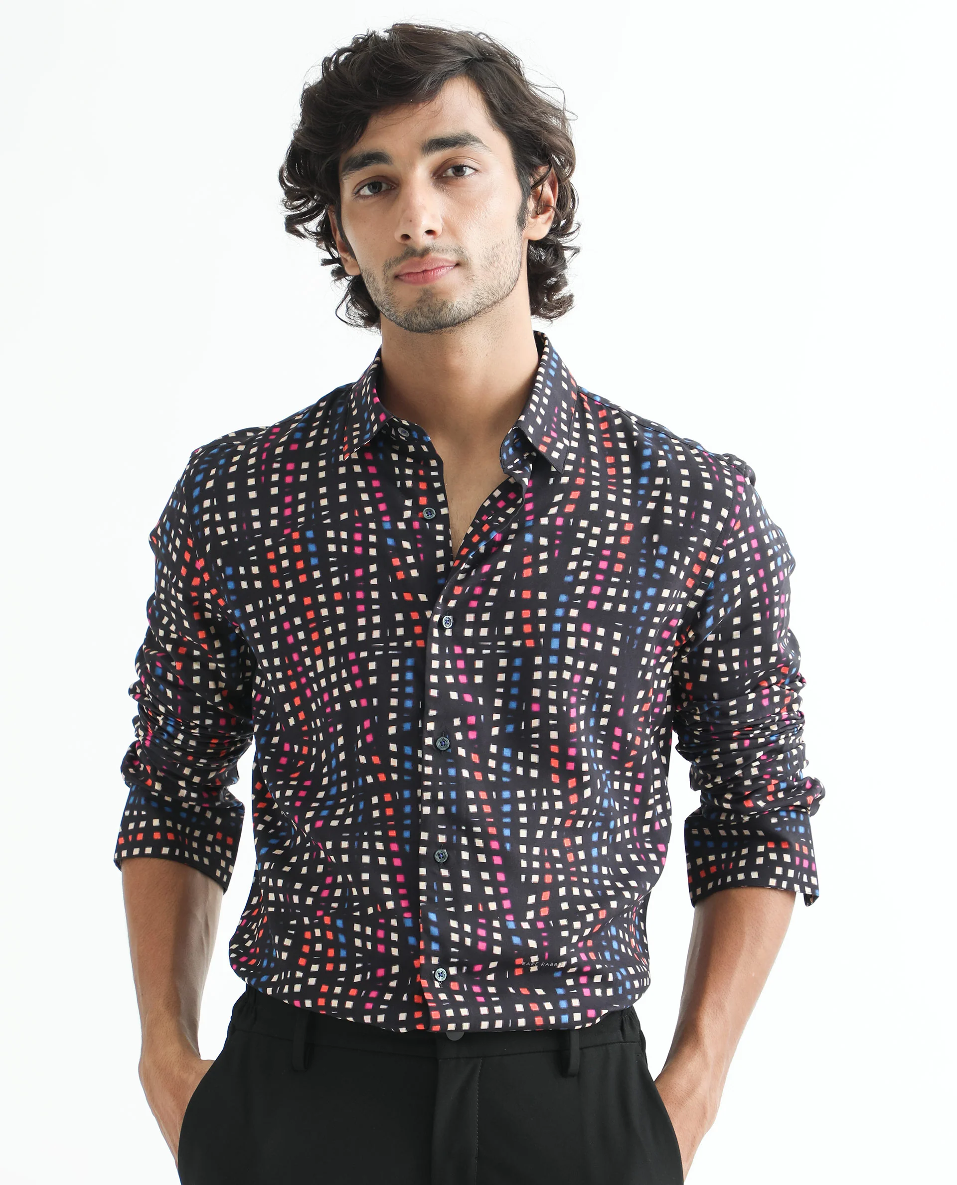 Rare Rabbit Men's Irvine Black Viscose Geometric Print Regular Fit Full Sleeve Collared Shirt