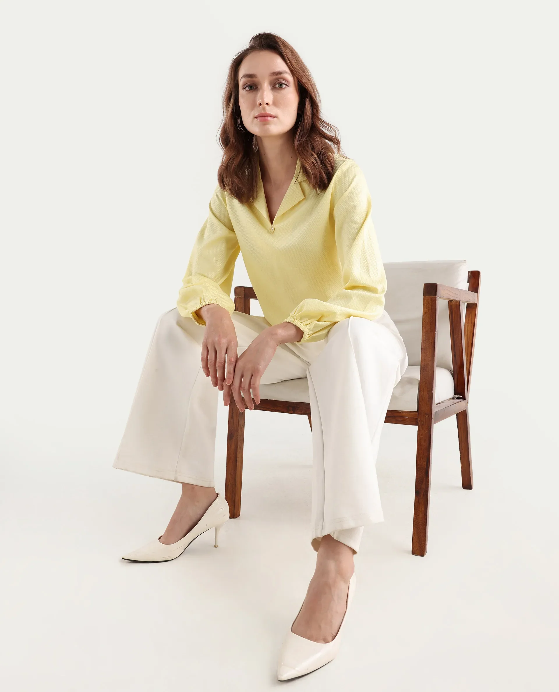 Rareism Women's Istanbul Light Yellow Cotton Lapel Neck Plain Bishop Sleeve Crop Regular Fit Top