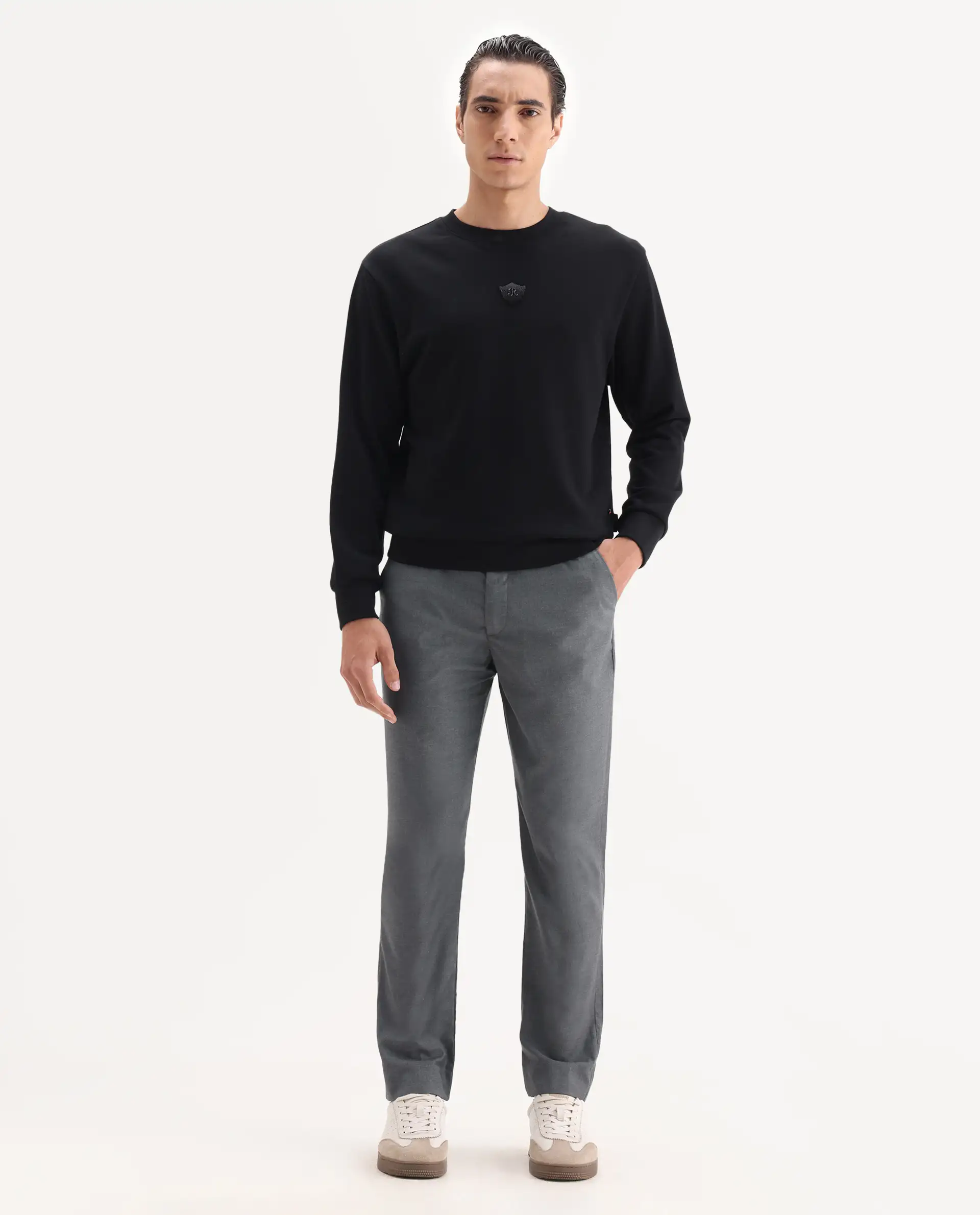 Rare Rabbit Men's Ital Grey Cotton Blend Plain Regular Fit Trouser