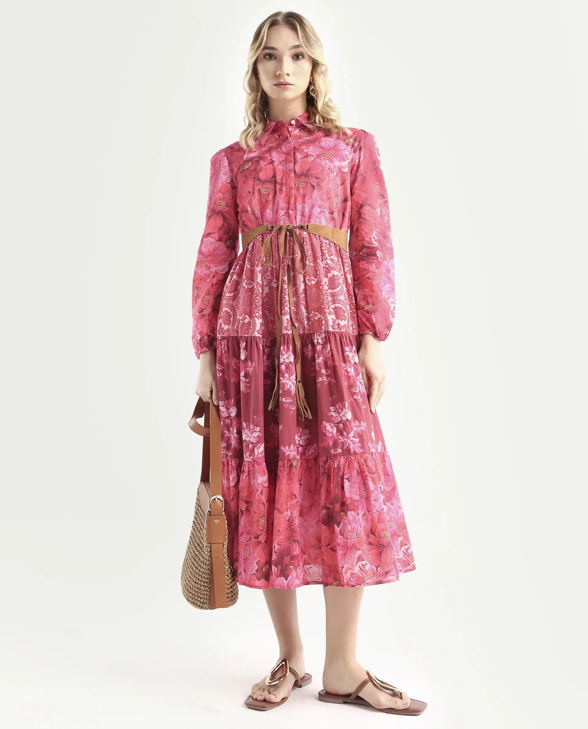 Rareism Women's Ixora Maroon Cotton Spread Collar Floral Print Knee Length Regular Fit Dress