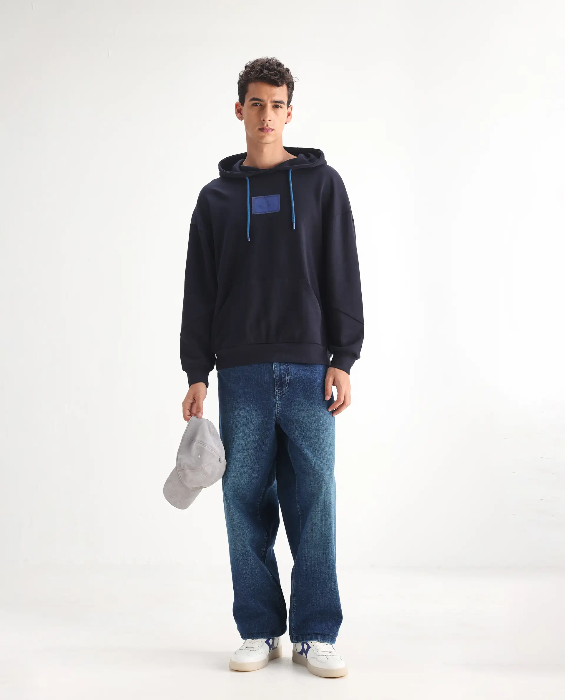 Rare Rabbit Men's Jace Blue Cotton Blend Plain Baggy Fit Jeans
