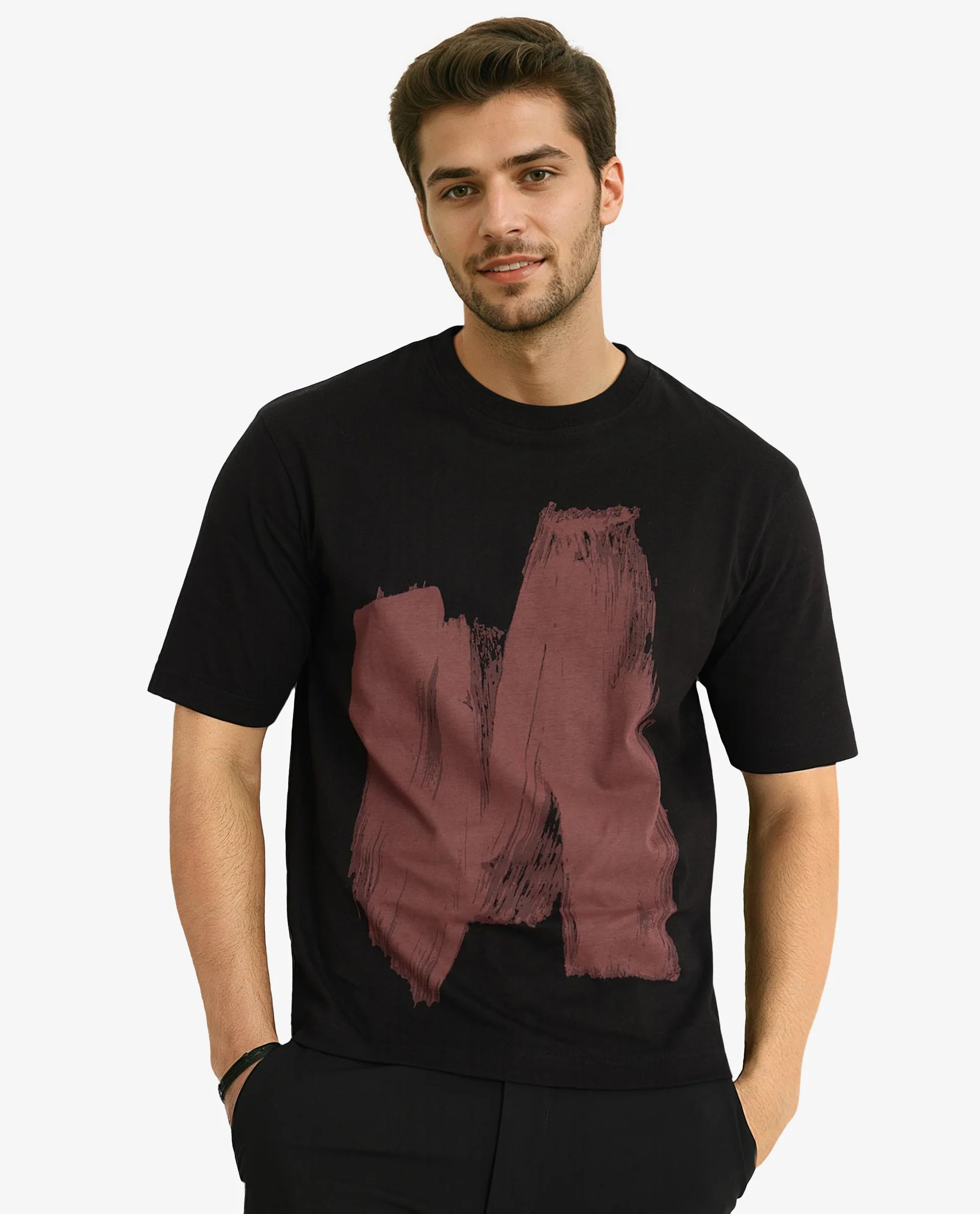 Rare Rabbit Men's Jade Black Cotton Graphic Print Oversized Fit Half Sleeve Crew Neck T-Shirt