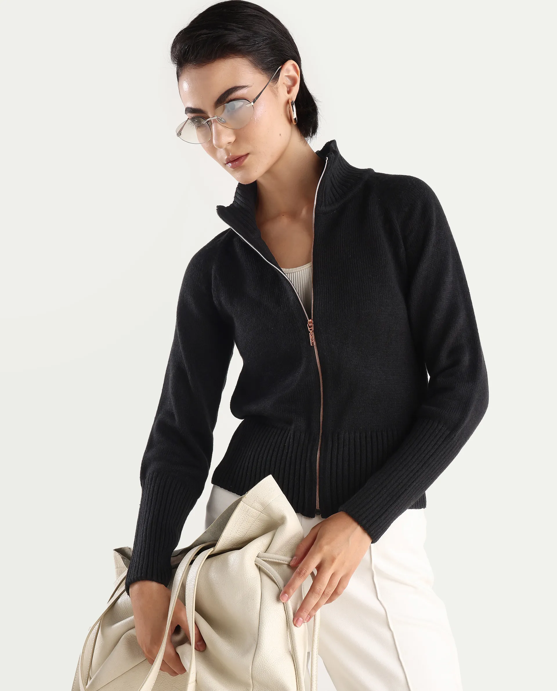 Rareism Women's Jagger Black Acrylic High Neck Plain Raglan Sleeve Relaxed Fit Sweater