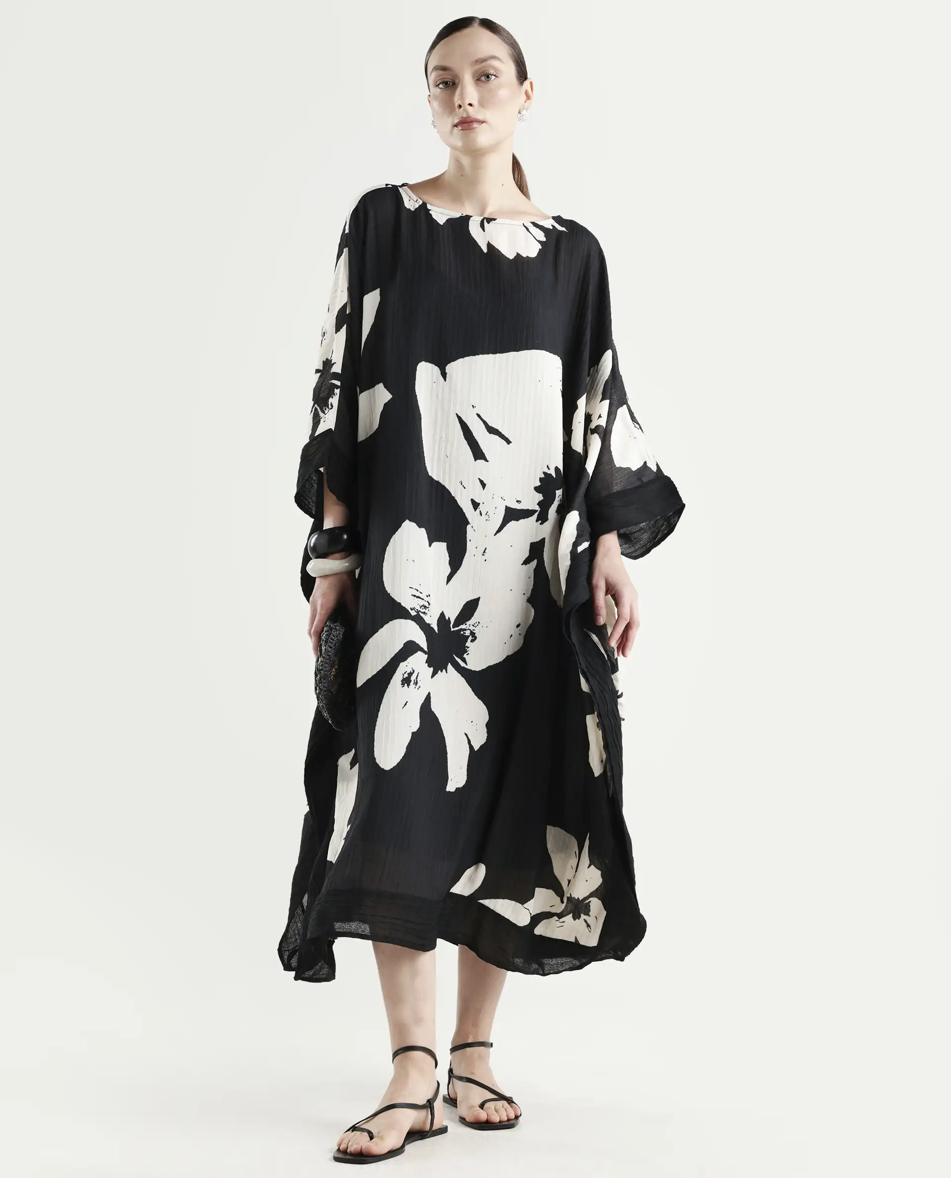 Rareism Women's Janarea Black Polyester Boat Neck Abstract Print Kaftan Sleeve Midi Kaftan Dress