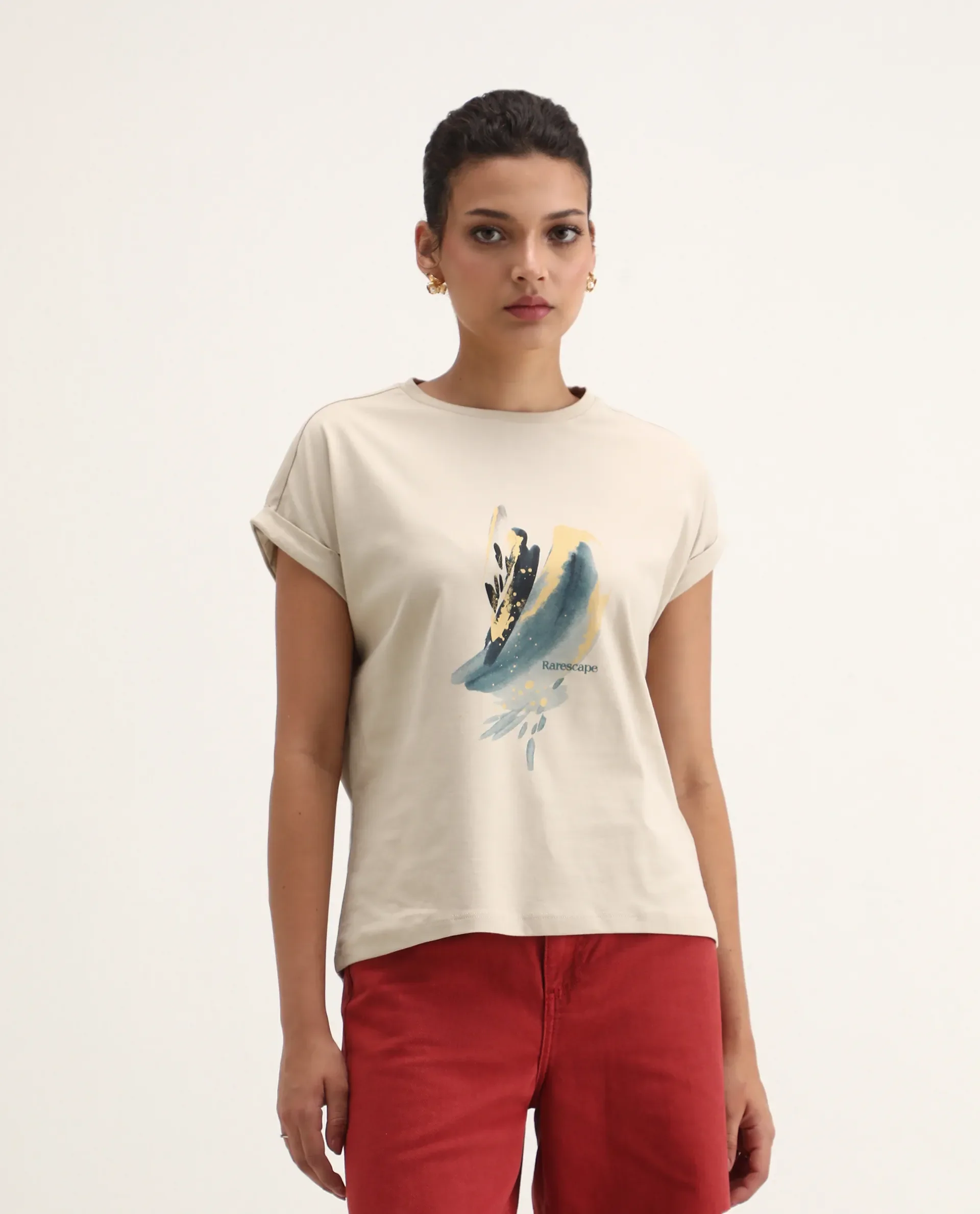 Rareism Women's Jango-S26 Beige Cotton Half Sleeve Regular Fit Graphic Print T-Shirt - Image 3