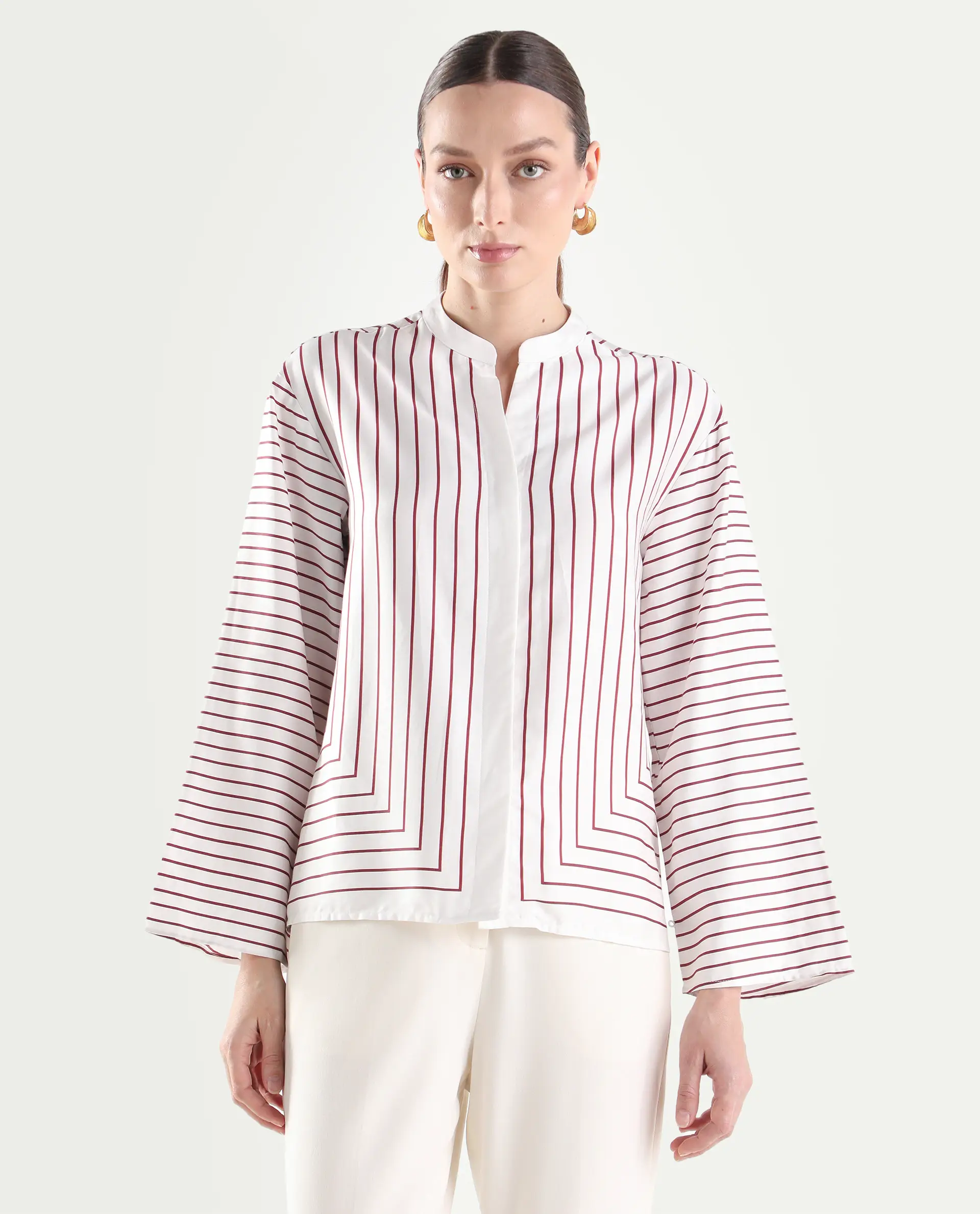 Rareism Women's Janlopo Red Cotton Blend Full Sleeve Mandarin Collar Relaxed Fit Striped Top