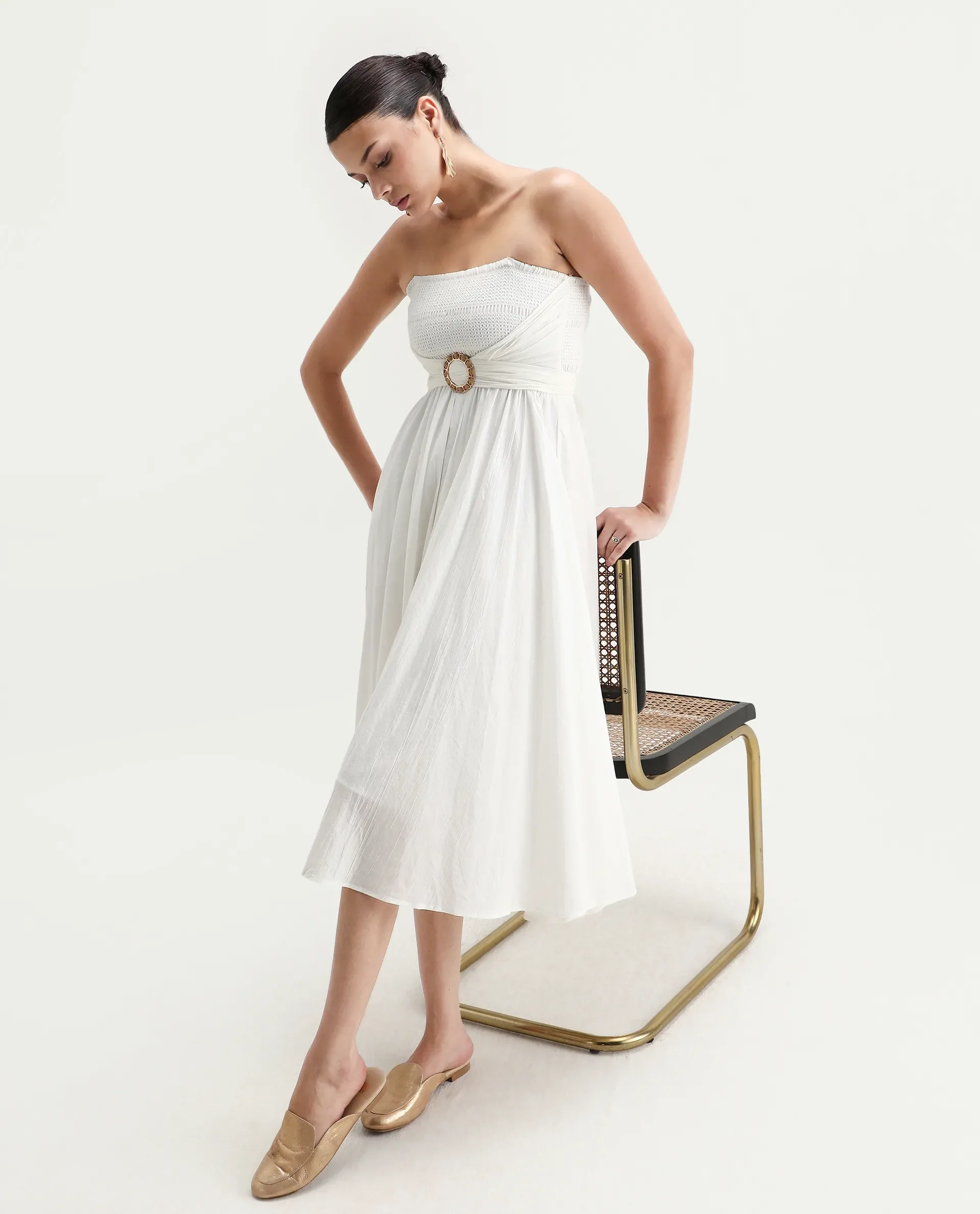 Rareism Women's Janpla Off White Cotton Tube Neck Plain Sleeveless Midi Fit And Flare Dress