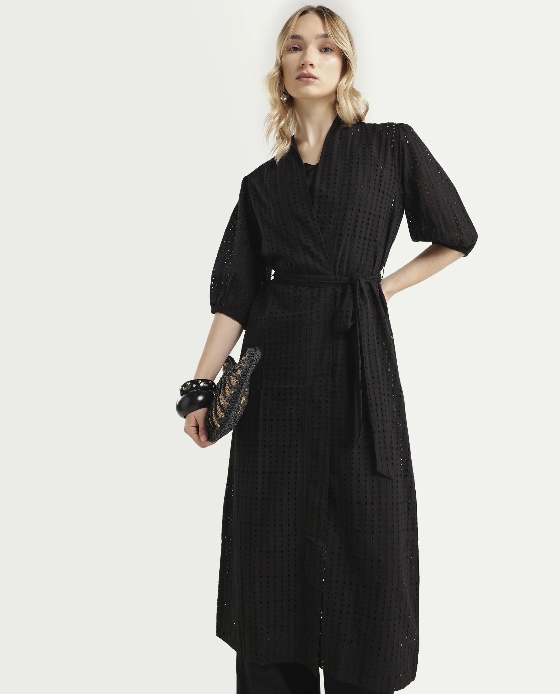 Rareism Women's Janslip Black Cotton Collarless Plain Balloon Sleeve Maxi Regular Fit Shrug