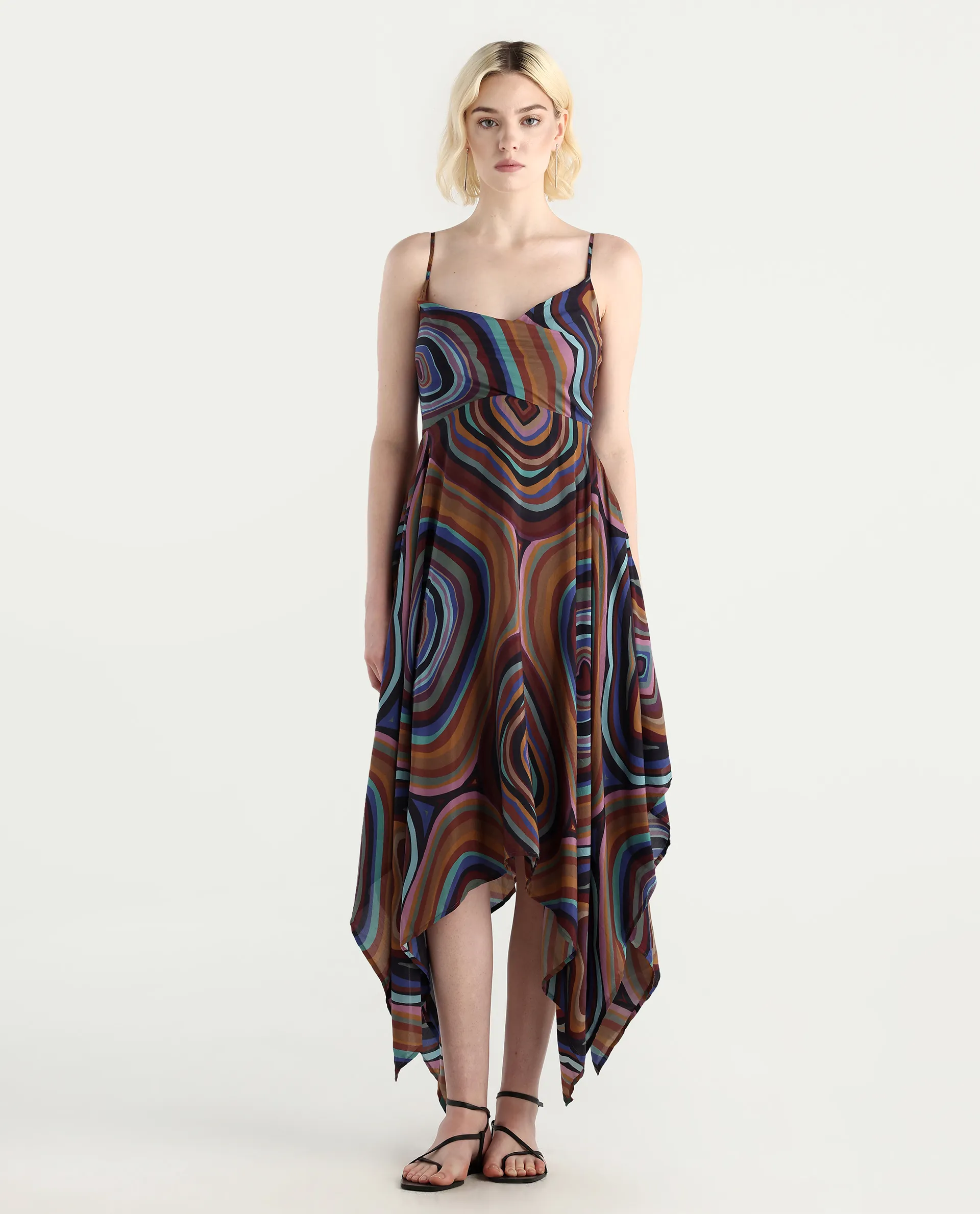 Rareism Women's Janudya Dark Multi Viscose Cowl Neck Abstract Print Sleeveless Maxi Fit And Flare Dress