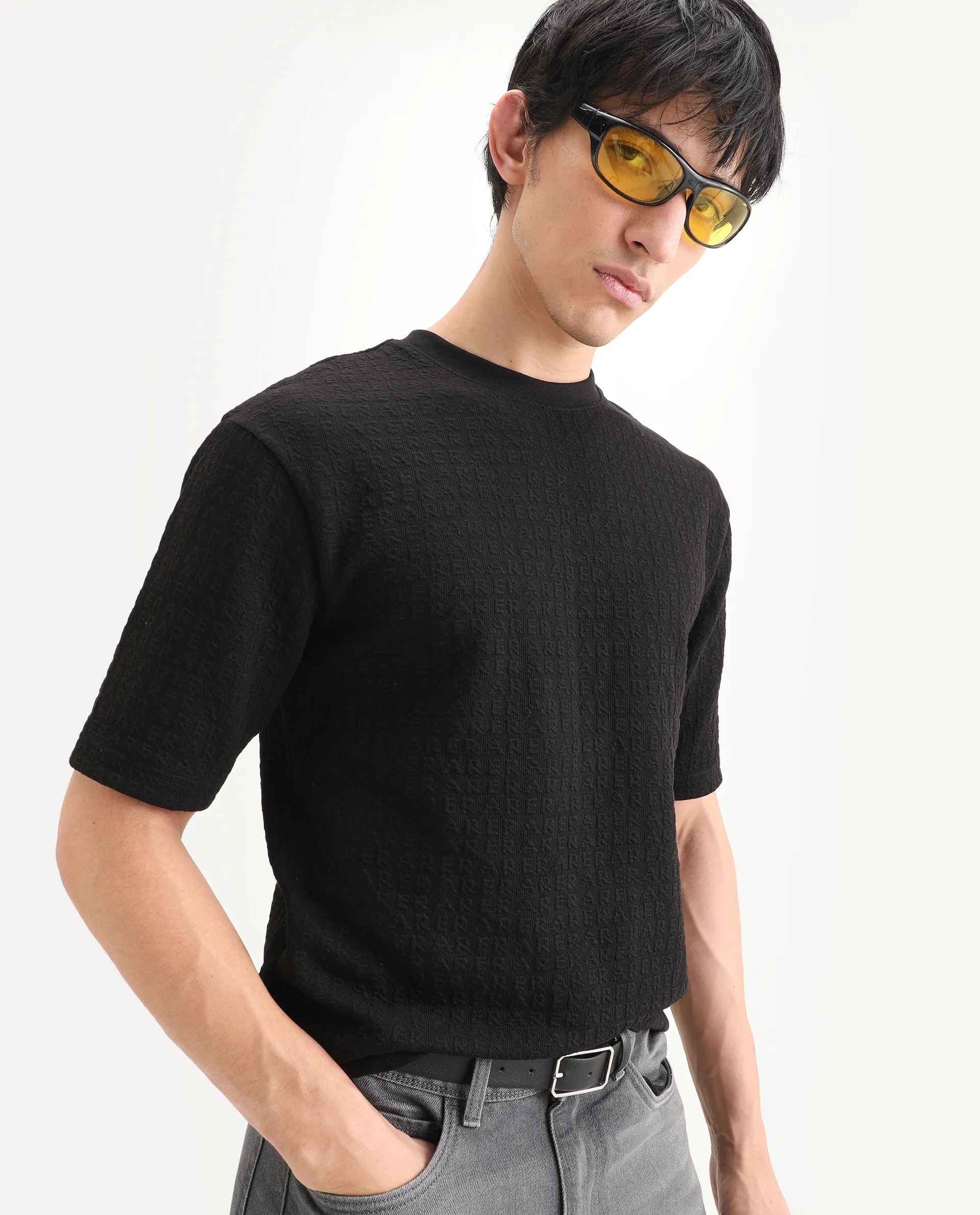 Rare Rabbit Men's Jas-2 Black Polyester Blend Fabric Half Sleeve Crew Neck Oversized Jacquard T-Shirt