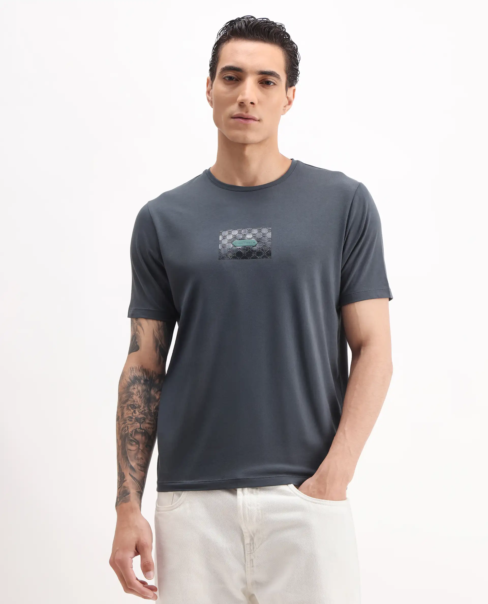 Rare Rabbit Men's Jedy Dusky Blue Cotton Blend Graphic Print Regular Fit Half Sleeve Crew Neck T-Shirt