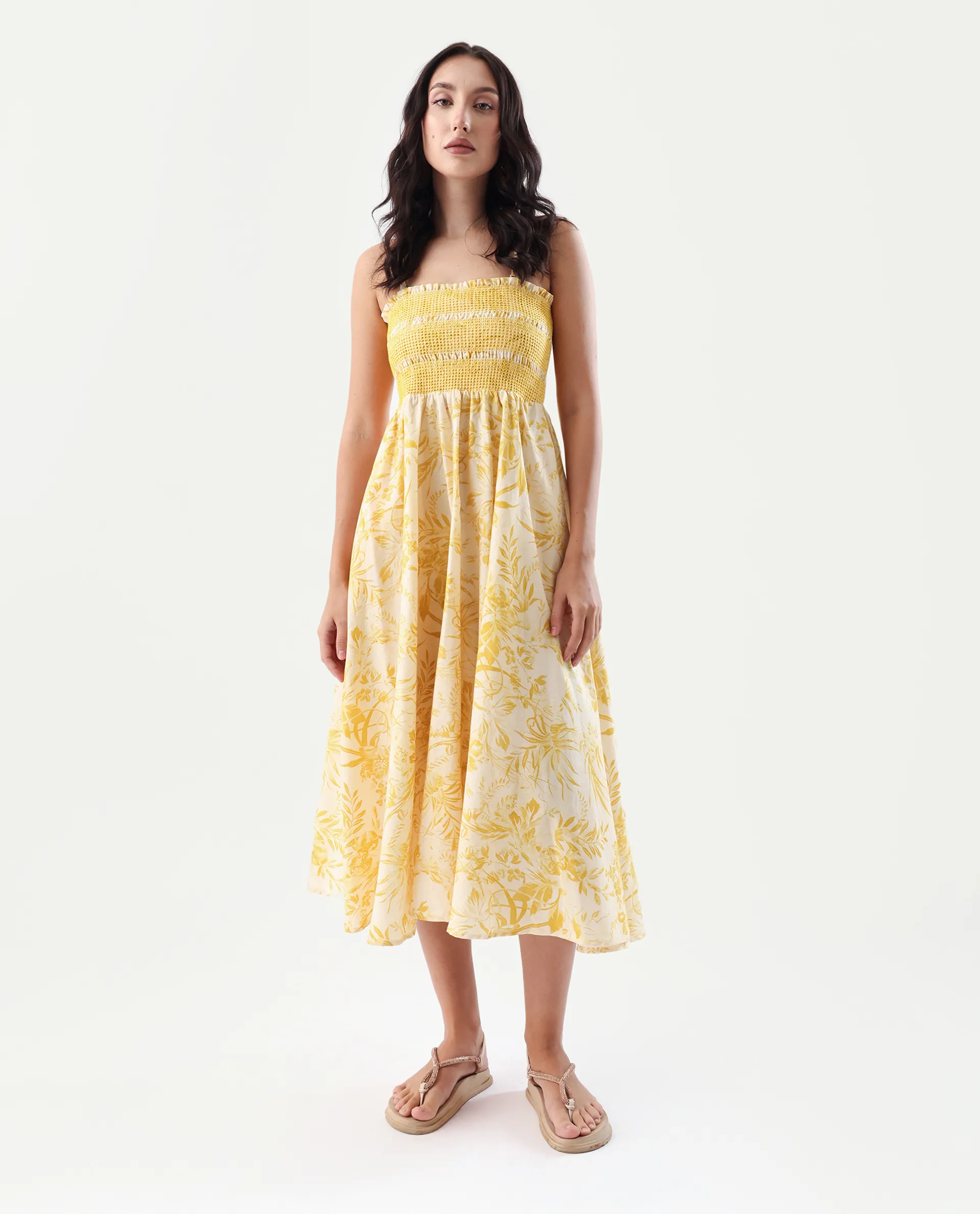 Rareism Women's Jendim Beige Cotton Tube Neck Fit And Flare Printed Midi Dress