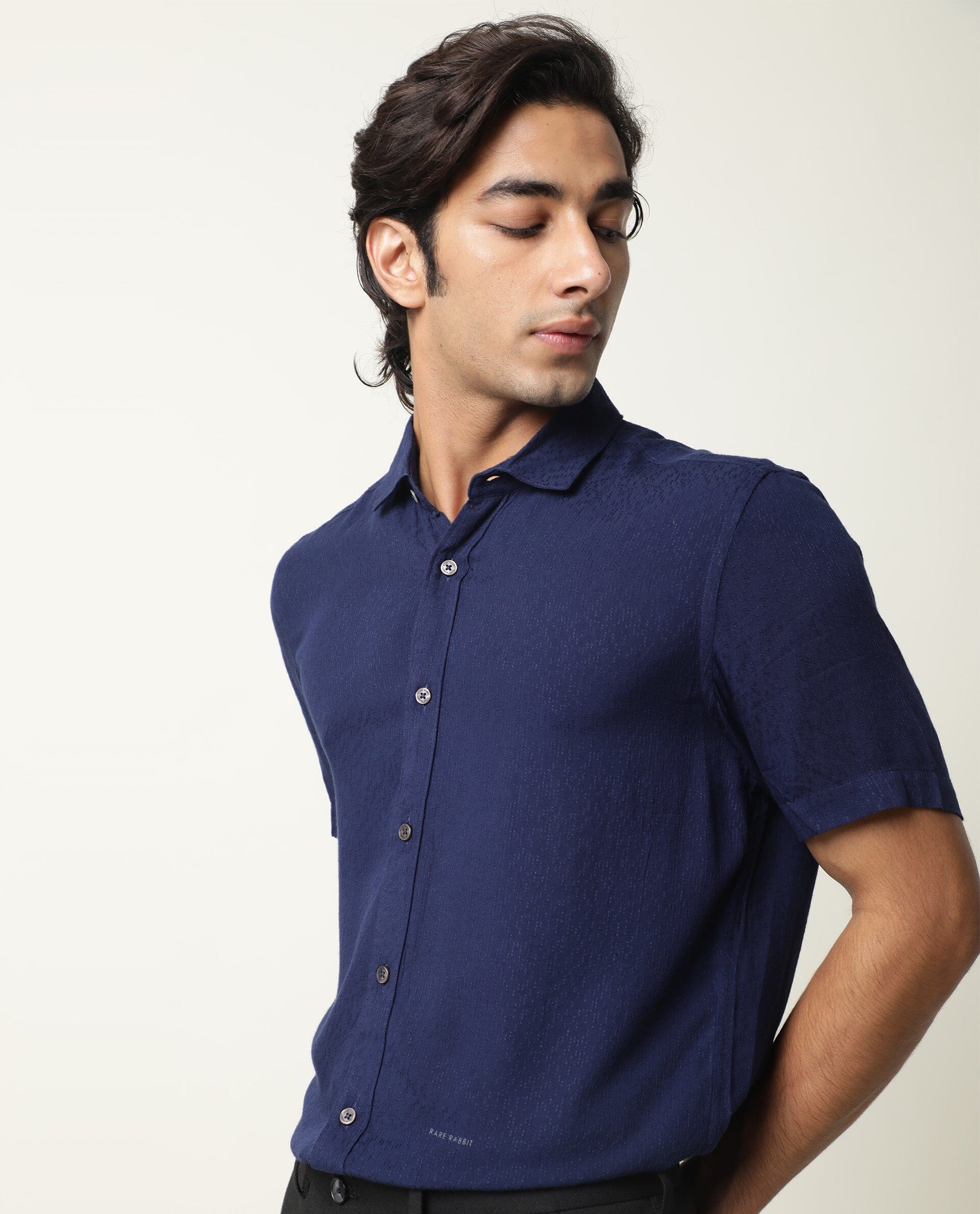 Rare Rabbit Men's Jenny Navy Viscose Plain Regular Fit Half Sleeve Spread Collar Shirt