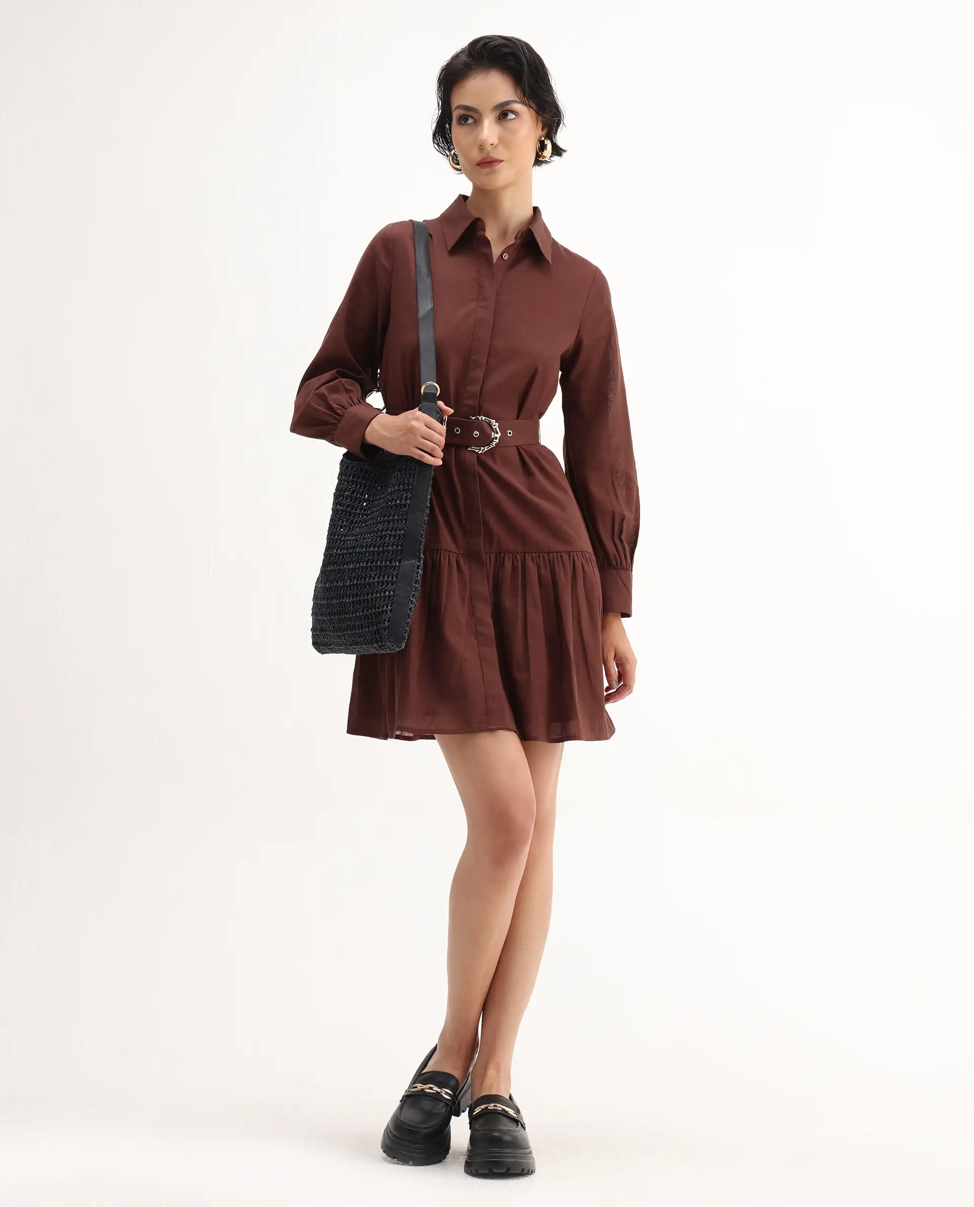 Rareism Women's Jenron Brown Cotton Blend Cuffed Sleeve Collared Neck Flared Fit Plain Dress